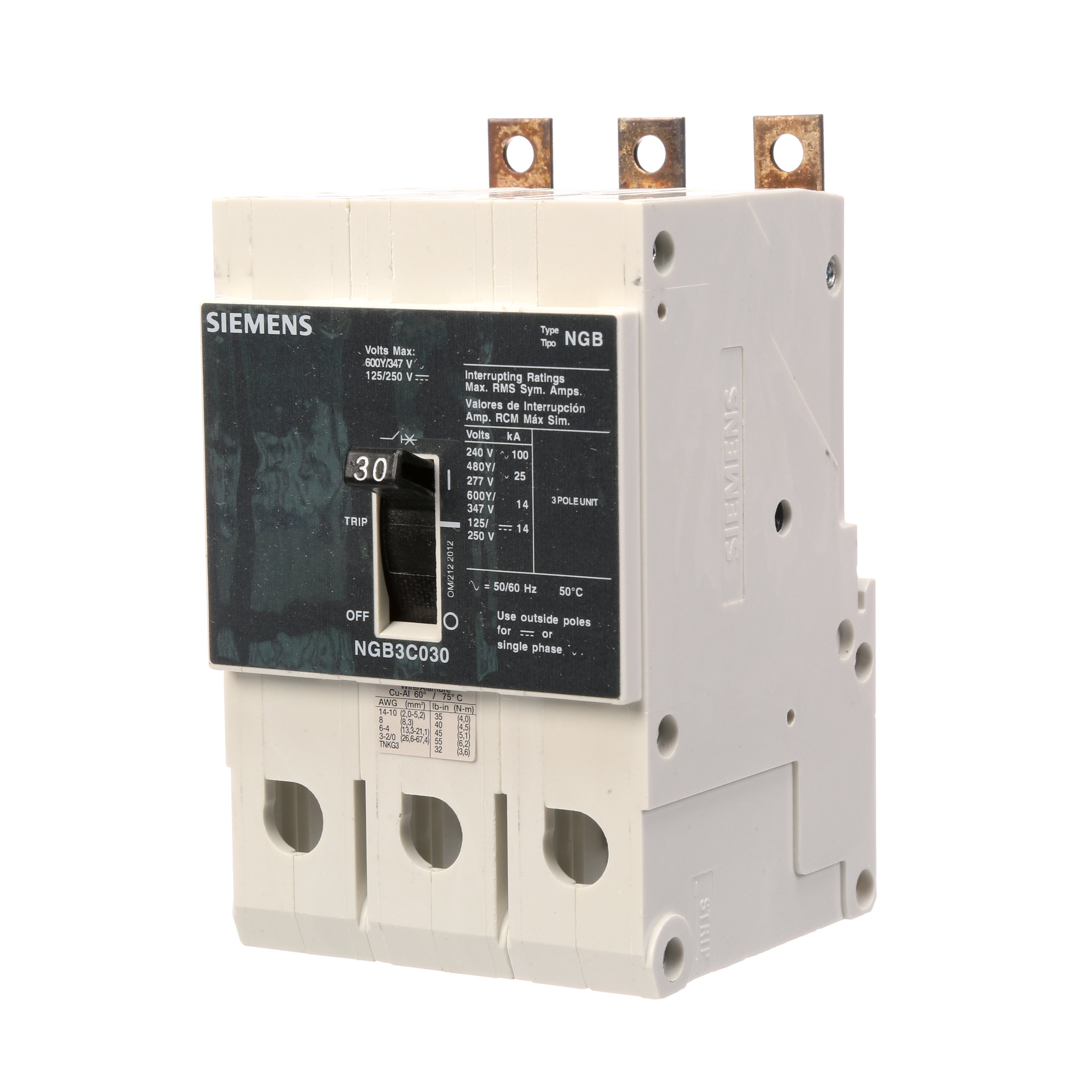 SIEMENS LOW VOLTAGE PANELBOARD MOUNT G FRAME CIRCUIT BREAKER WITH THERMAL - MAGNETIC TRIP. NON UL NGB FRAME WITH STANDARD BREAKING C APACITY. 30A 3-POLE (14KAIC AT 600Y/347V) (25KAIC AT 480Y/277V). SPECIAL FEATURES MOUNTS ON PANELBOARD, 50DEG CALIBRATION, LOAD SIDE LUGS ONLY (TC1Q1) WIRE RANGE 14 - 10 AWS (CU/AL). DIMENSIONS (W x H x D) IN 3 x 5.4 x 2.8.
