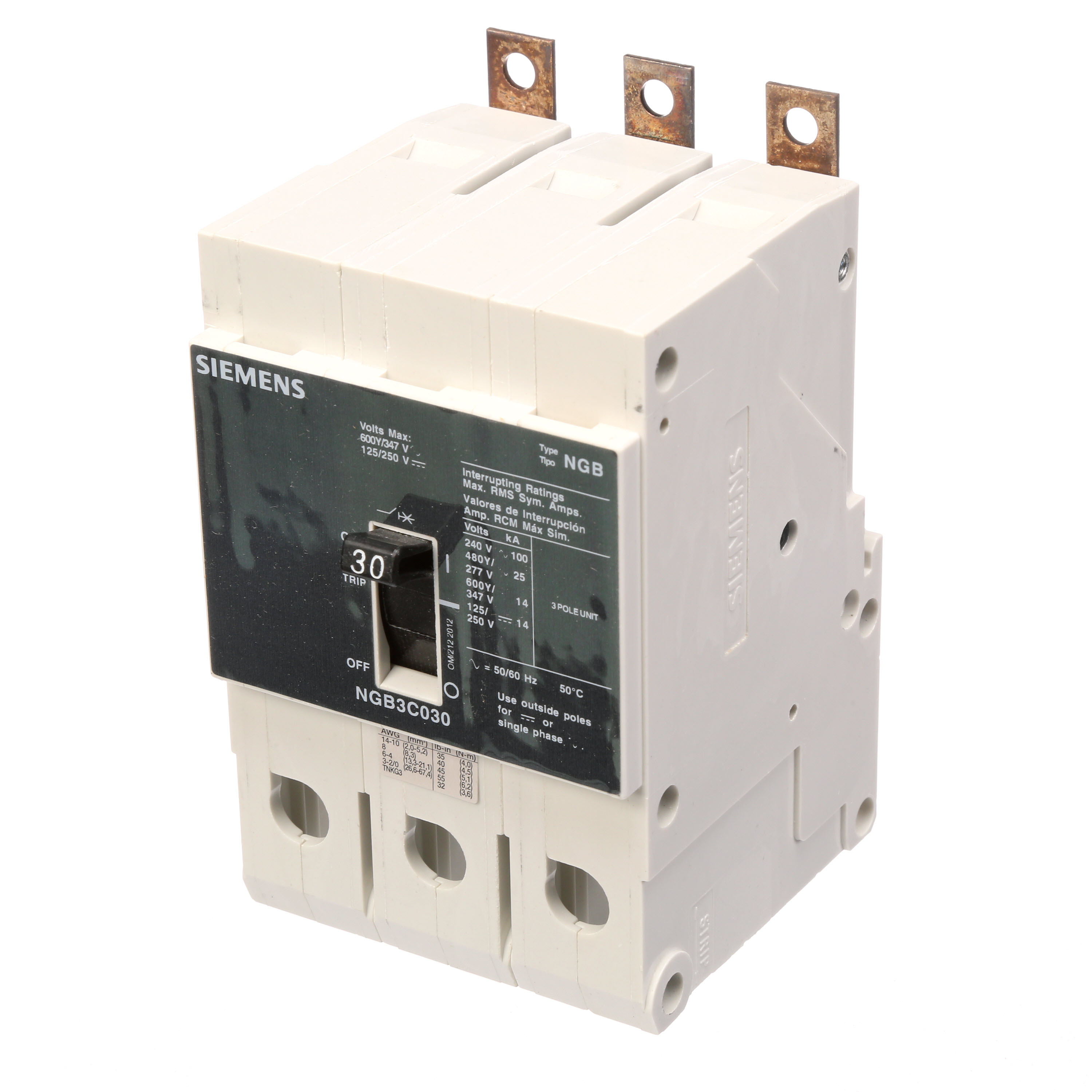 SIEMENS LOW VOLTAGE PANELBOARD MOUNT G FRAME CIRCUIT BREAKER WITH THERMAL - MAGNETIC TRIP. NON UL NGB FRAME WITH STANDARD BREAKING C APACITY. 30A 3-POLE (14KAIC AT 600Y/347V) (25KAIC AT 480Y/277V). SPECIAL FEATURES MOUNTS ON PANELBOARD, 50DEG CALIBRATION, LOAD SIDE LUGS ONLY (TC1Q1) WIRE RANGE 14 - 10 AWS (CU/AL). DIMENSIONS (W x H x D) IN 3 x 5.4 x 2.8.