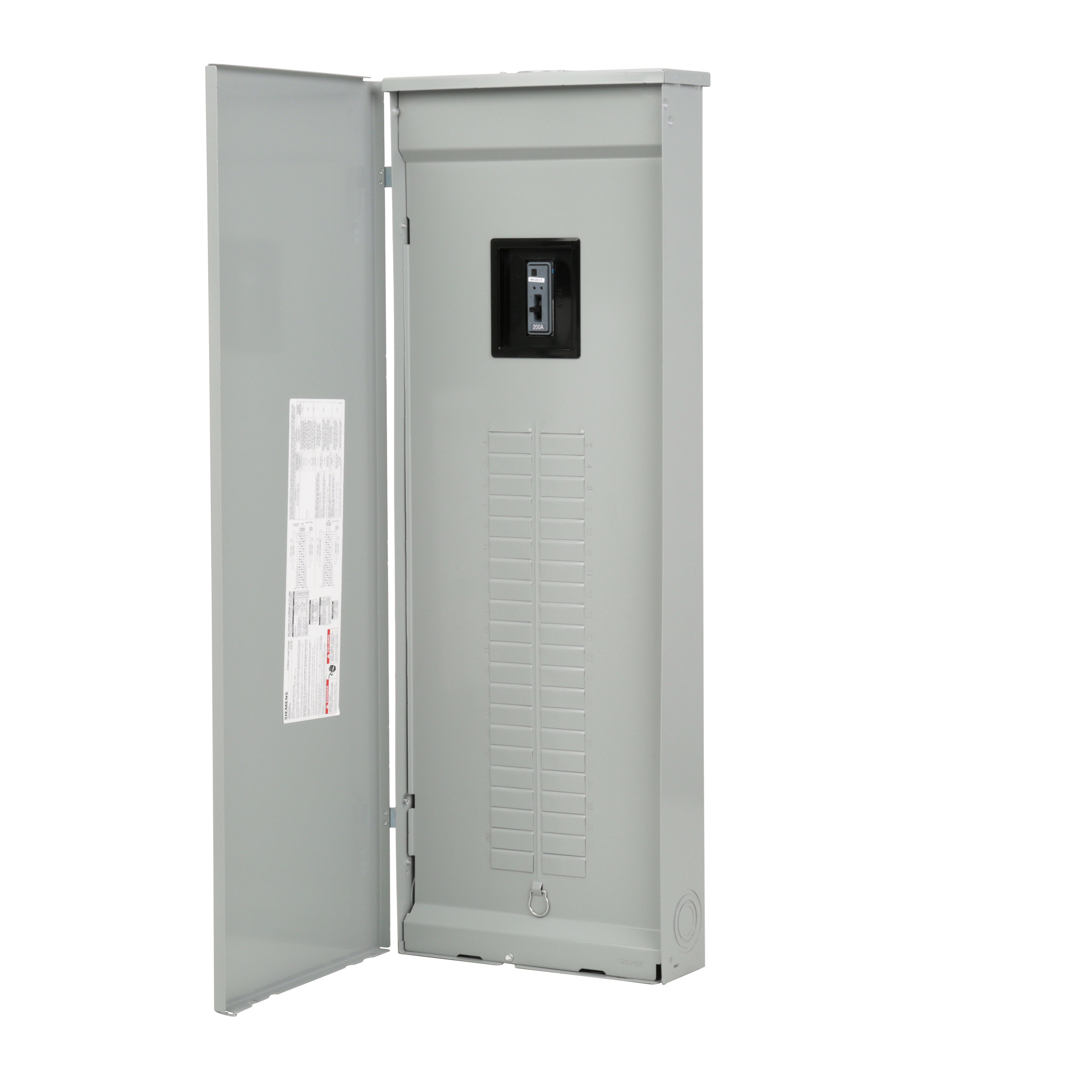 SIEMENS LOW VOLTAGE ES SERIES LOAD CENTER. FACTORY INSTALLED MAIN BREAKER WITH 42 1-INCH SPACES ALLOWING MAX 60 CIRCUITS. 3-PHASE 4-WIRE SYSTEM RATED 120/240V OR 120/208V (200A) 10KA INTERRUPT. SPECIAL FEATURES ALUMINUM BUS, GRAY TRIM, NEMA TYPE3R ENCLOSURE FOR OUTDOOR USE.