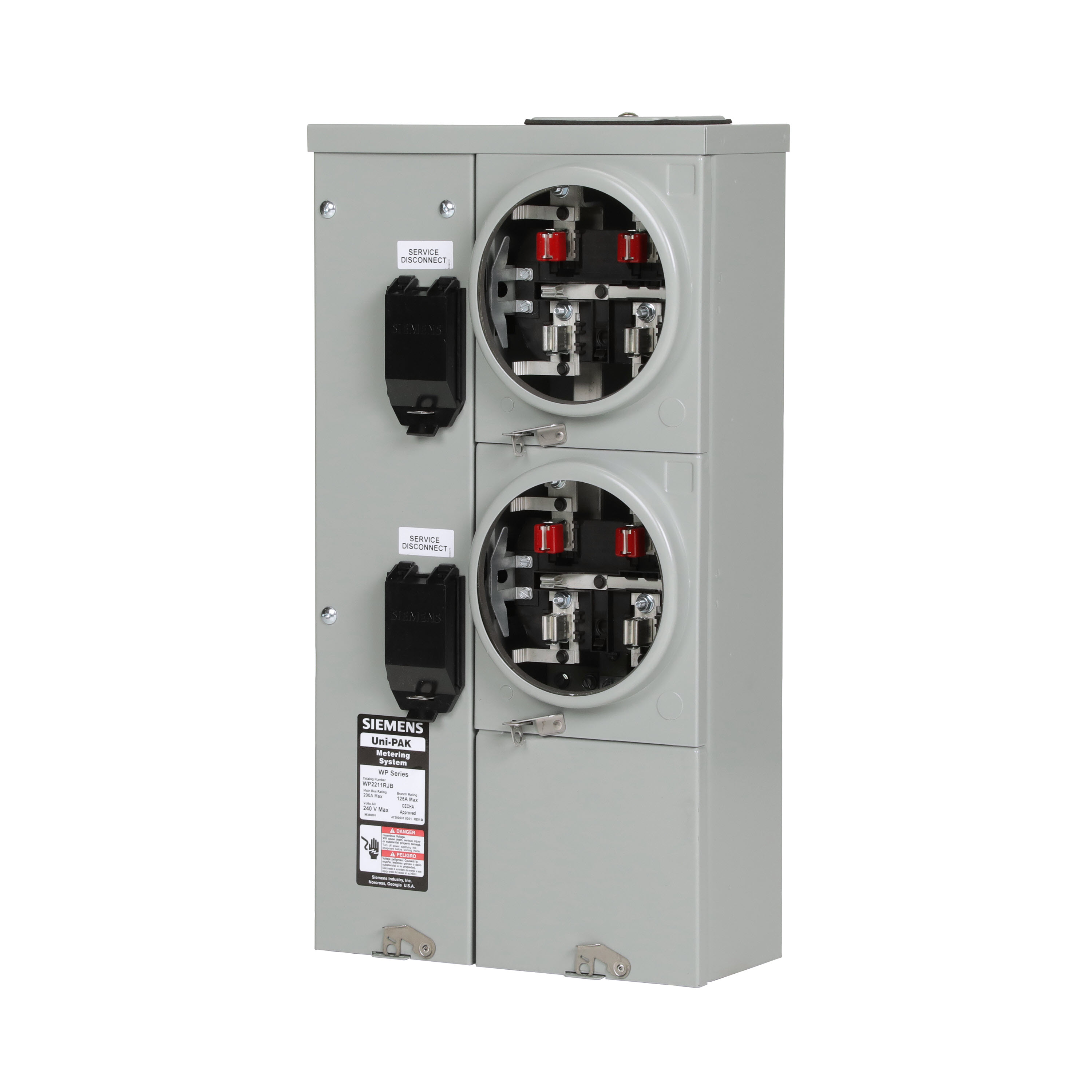 Siemens Low Voltage s Multi-Family Metering Line of PAK Metering Standard 125A as part of the PAK Metering Standard 125A Group. Type UNI-PAK Features HORN BYPASS Appn GARDEN - STYLE Std UL-50,67,414 V. Rating 120/240V A. Rating 200A Phase 1PH Size 7.25 x 14.05 x 27.140 No. Of Cutouts 7 Cutout Size 2X1/2 , 1 x (1-1/2,1-1/4,1 ), 2 x (,2 ,1-1/2,1-1/4,1 ), 1 x (3,2-1/2,2,1-1/2,2 ), 1X4 Cable Entry TOP/BOTTOM Terminal 3X2 STUDS. Insulated.Appn . Wall Mounted. Enclosure RINGLESS