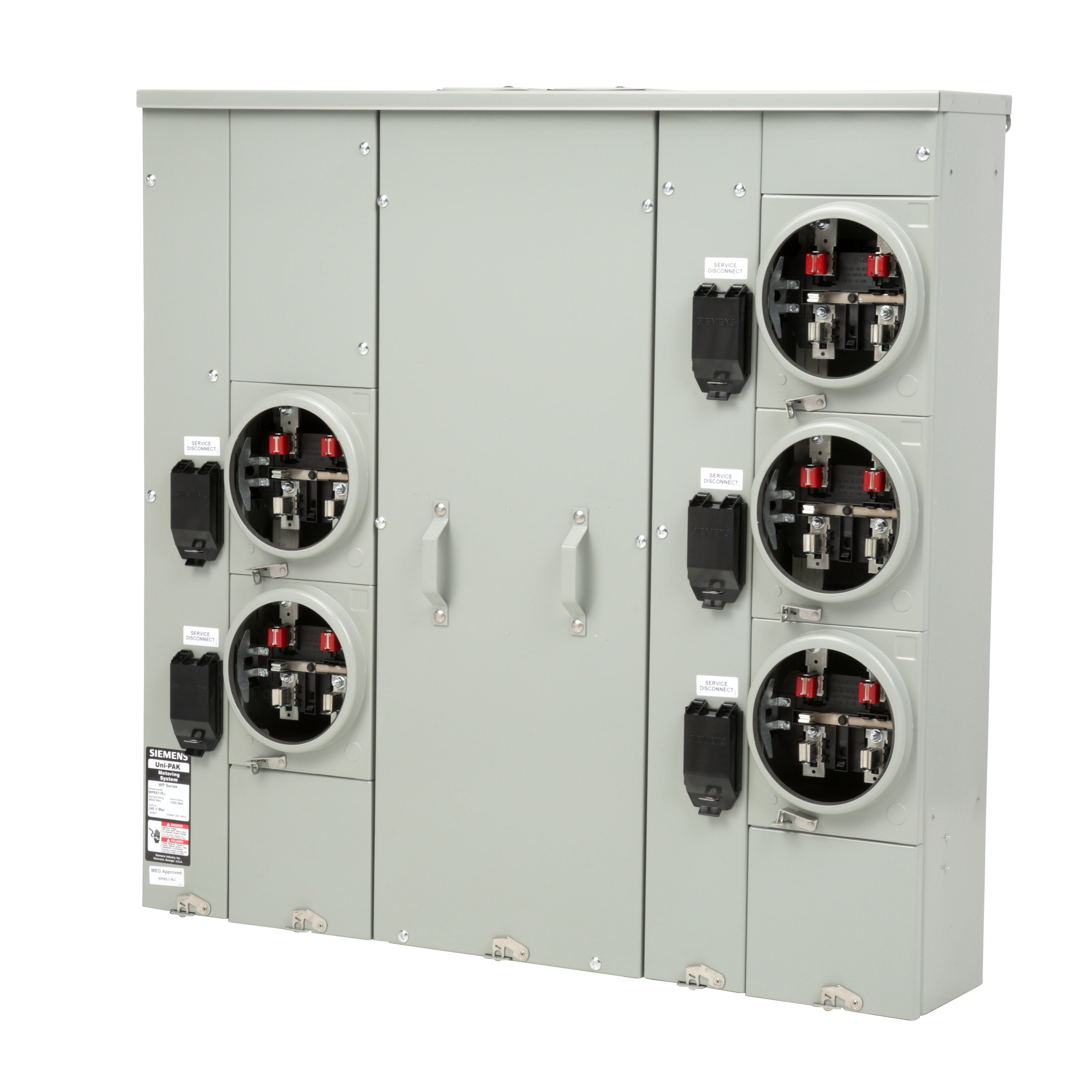 Siemens Low Voltage s Multi-Family Metering Line of PAK Metering Standard 125A as part of the PAK Metering Standard 125A Group. Type UNI-PAK Features NO BYPASSAppn GARDEN - STYLE Std UL-50,67,414 V. Rating 120/240V A. Rating 600A Phase 1PH Size 9.000x45.07 x 39.690 No. Of Cutouts 17 Cutout Size 1 x (1/2,3/4,1,1-1/4 ), 12 x (2-1/2,2 ,1-1/2,1-1/4,1 ), 2 x (4,3-1/2,3,2-1/2,2 ), 2X4 Cable Entry TOP OR BOTTOM FEED Terminal 3X2 STUDS. Insulated.Appn . Wall Mounted. Enclosure RINGLESS