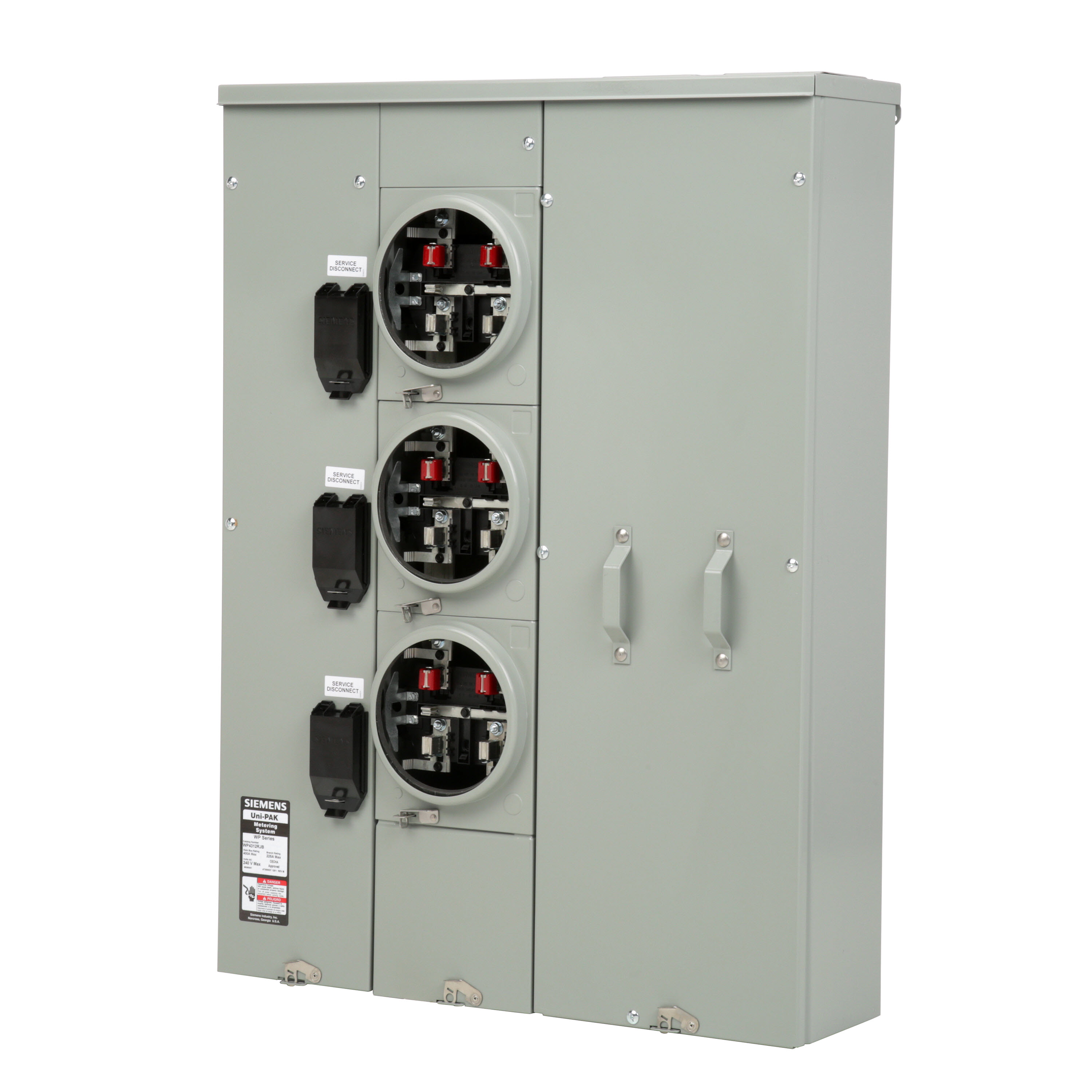 Siemens Low Voltage s Multi-Family Metering Line of PAK Metering Standard 225A as part of the PAK Metering Standard 225A Group. Type UNI-PAK Features HORN BYPASS Appn GARDEN - STYLE Std UL-50,67,414 V. Rating 120/240V A. Rating 400A Phase 1PH Size 9.00 x 28.79 x 39.630 No. Of Cutouts 11 Cutout Size 1 x (1/2,3/4,1,1-1/4 ), 6 x (2-1/2,2 ,1-1/2,1-1/4,1 ), 2 x (4,3-1/2,3,2-1/2,2 ), 2X4 Cable Entry TOP OR BOTTOM FEED Terminal 3X2 STUDS. Insulated.Appn . Wall Mounted. Enclosure RINGLESS
