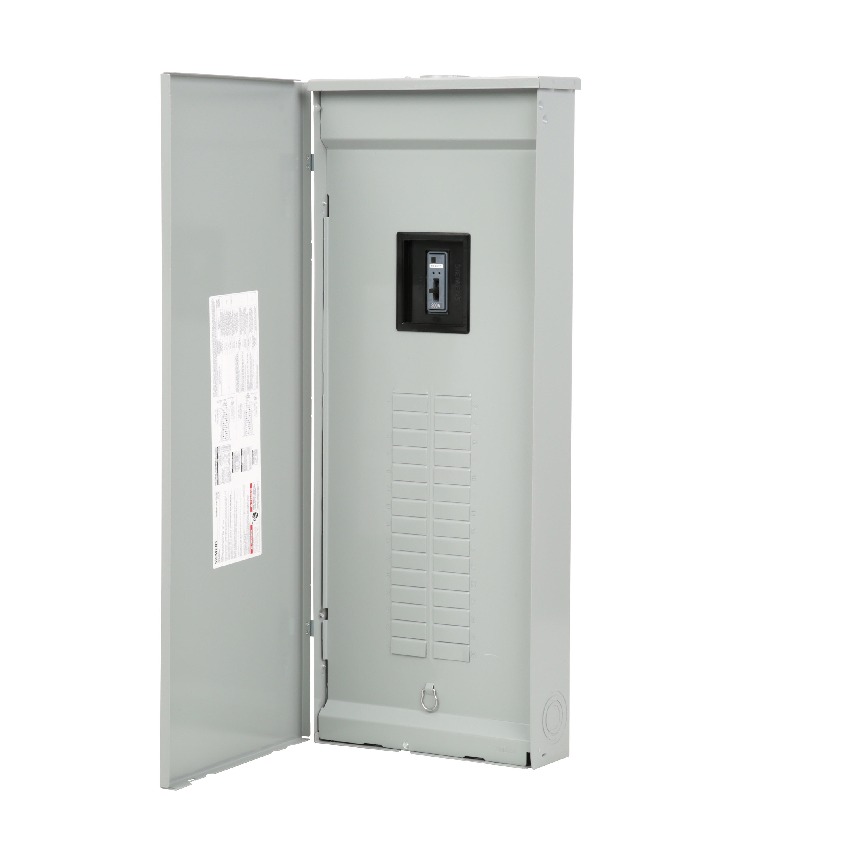 SIEMENS LOW VOLTAGE ES SERIES LOAD CENTER. FACTORY INSTALLED MAIN BREAKER WITH 30 1-INCH SPACES ALLOWING MAX 54 CIRCUITS. 3-PHASE 4-WIRE SYSTEM RATED 120/240V OR 120/208V (200A) 10KA INTERRUPT. SPECIAL FEATURES ALUMINUM BUS, GRAY TRIM, NEMA TYPE3R ENCLOSURE FOR OUTDOOR USE.