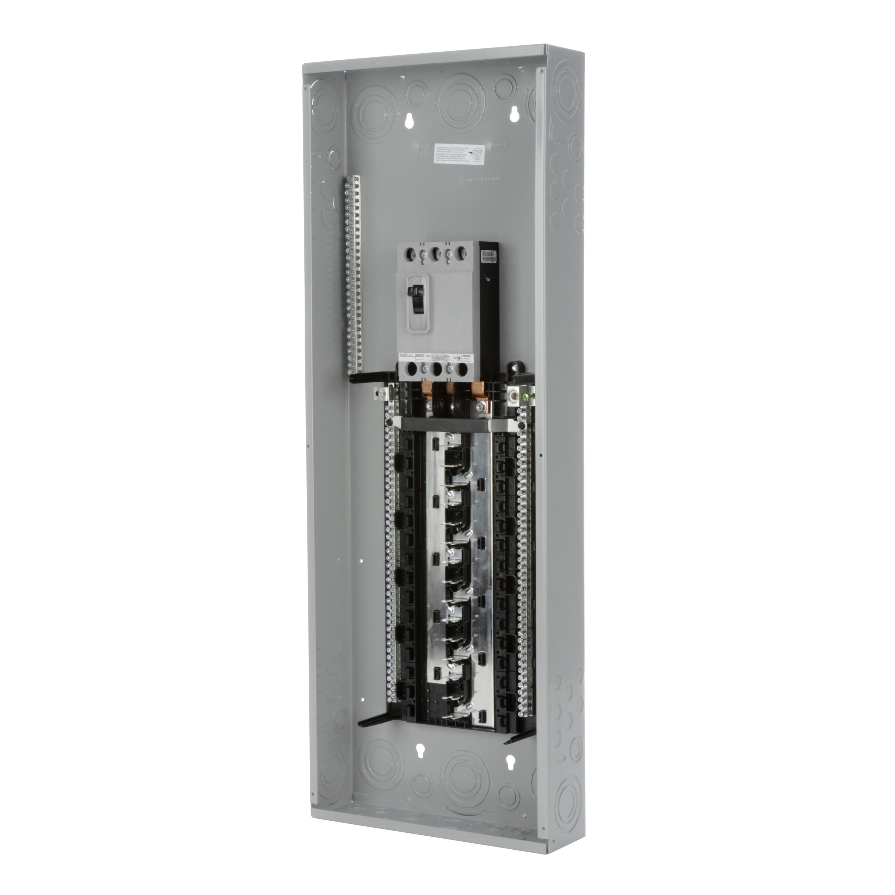 SIEMENS LOW VOLTAGE PL SERIES LOAD CENTER. FACTORY INSTALLED MAIN BREAKER WITH 30 1-INCH SPACES ALLOWING MAX 54 CIRCUITS. 3-PHASE 4-WIRE SYSTEM RATED 120/240V OR 120/208V (200A) 22KA INTERRUPT. SPECIAL FEATURES COPPER BUS, INTERCHANGEABLE MAIN, GRAY TRIM, NEMA TYPE1 ENCLOSURE FOR INDOOR USE.