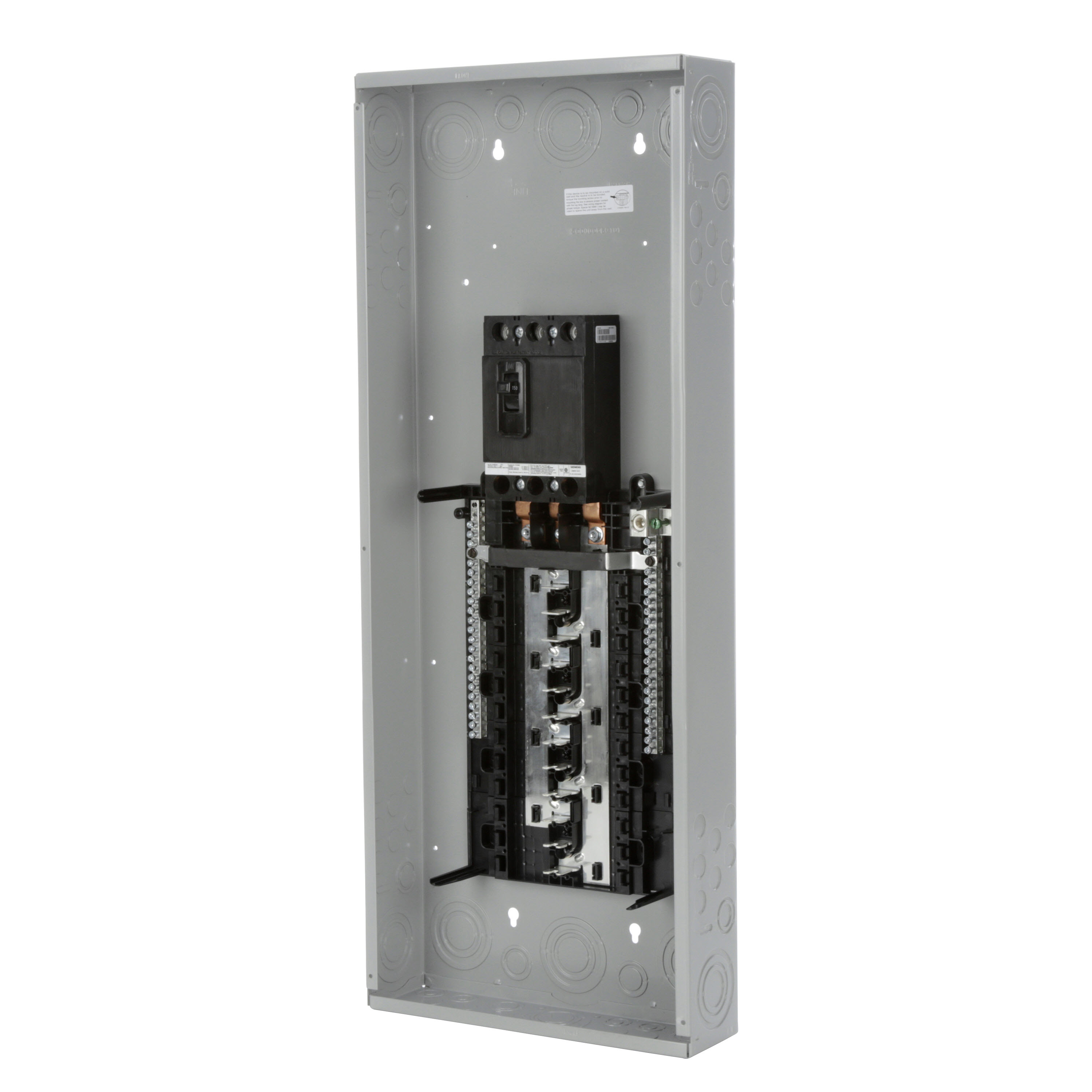 SIEMENS LOW VOLTAGE ES SERIES LOAD CENTER. FACTORY INSTALLED MAIN BREAKER WITH 24 1-INCH SPACES ALLOWING MAX 42 CIRCUITS. 3-PHASE 4-WIRE SYSTEM RATED 120/240V OR 120/208V (150A) 10KA INTERRUPT. SPECIAL FEATURES ALUMINUM BUS, GRAY TRIM, NEMA TYPE1 ENCLOSURE FOR INDOOR USE.