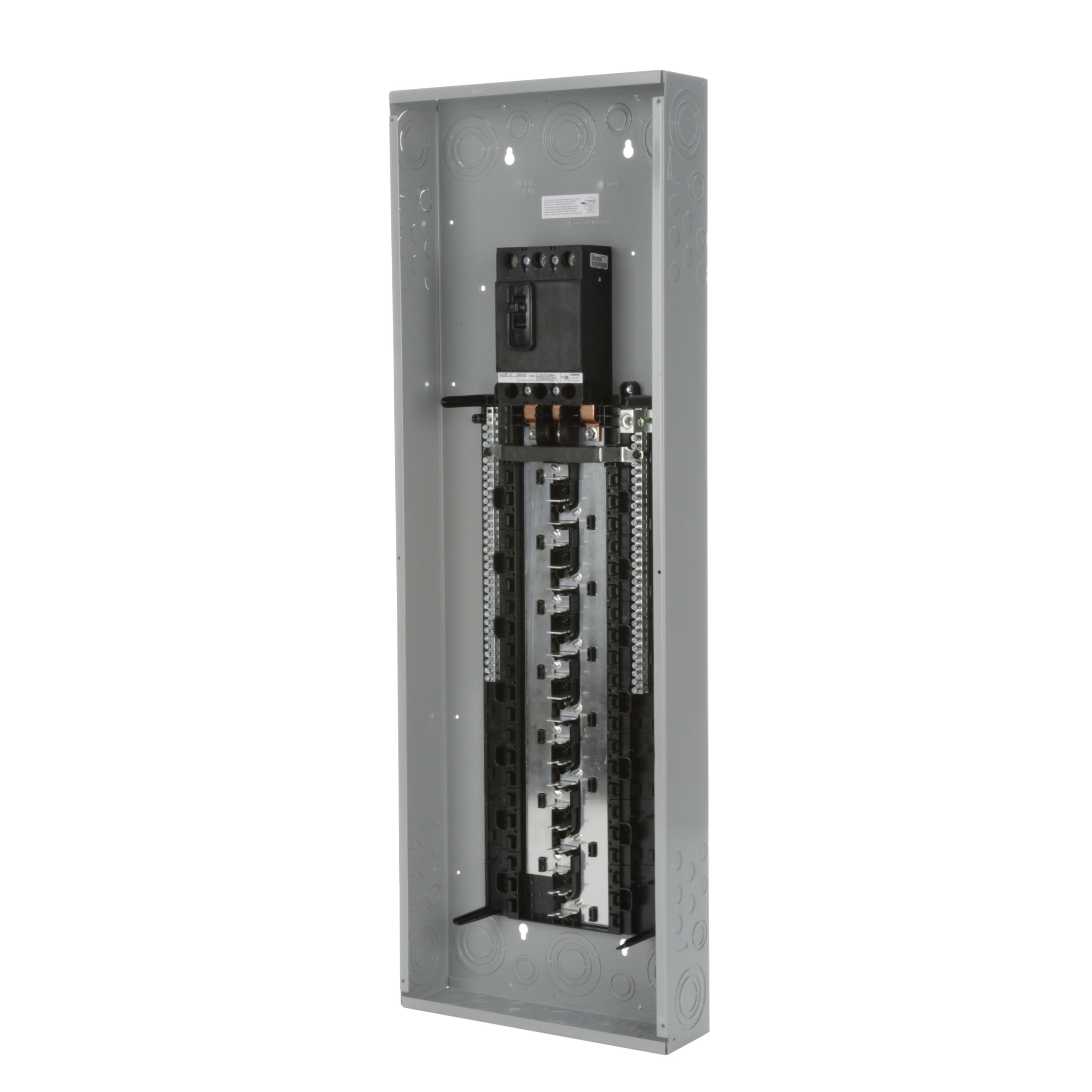 SIEMENS LOW VOLTAGE ES SERIES LOAD CENTER. FACTORY INSTALLED MAIN BREAKER WITH 42 1-INCH SPACES ALLOWING MAX 60 CIRCUITS. 3-PHASE 4-WIRE SYSTEM RATED 120/240V OR 120/208V (200A) 10KA INTERRUPT. SPECIAL FEATURES ALUMINUM BUS, GRAY TRIM, NEMA TYPE1 ENCLOSURE FOR INDOOR USE.