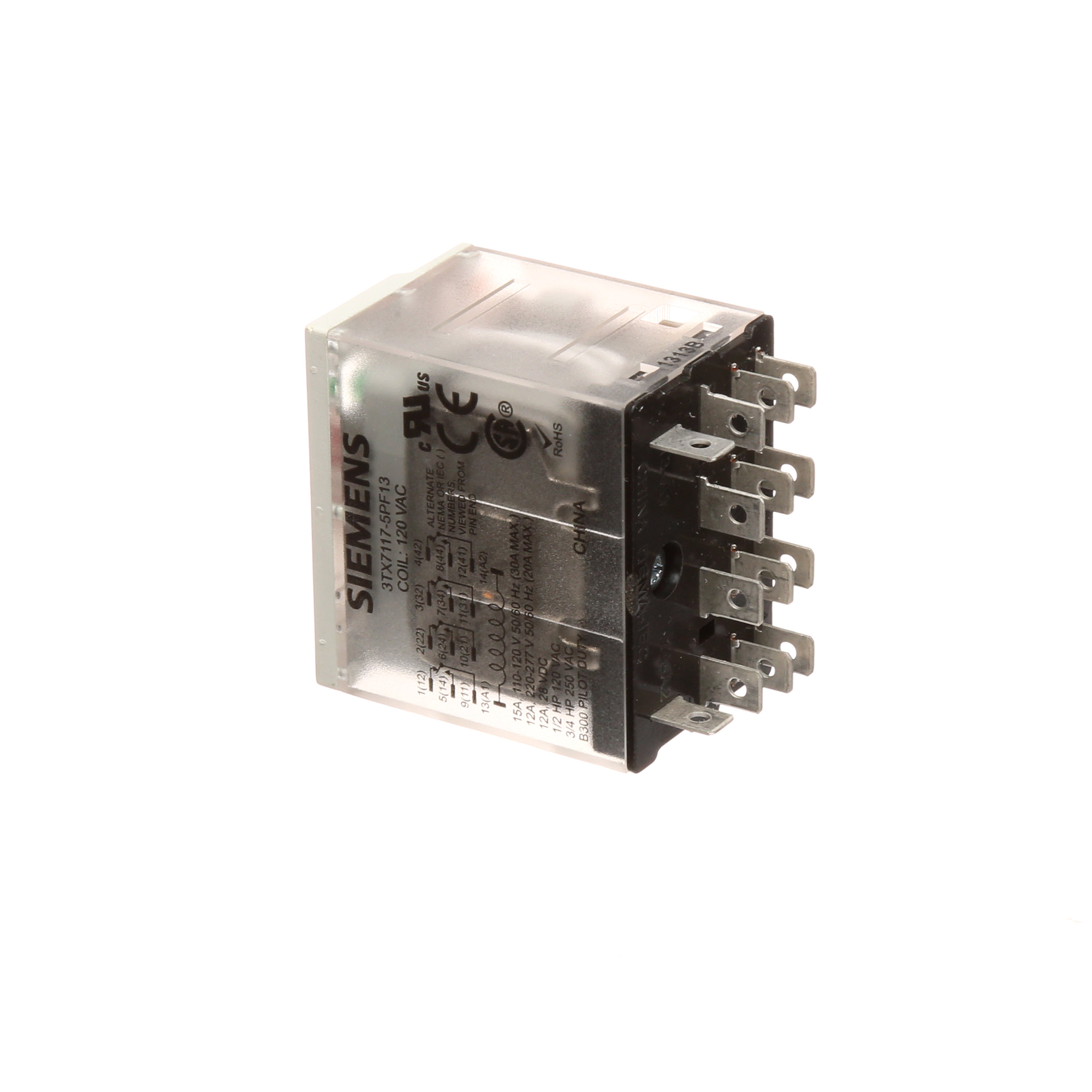 Plug-in Relay, Premium LED, Mechanical Flag 14-pin Square Base 4PDT, 15A, 120VAC Uses Socket 3TX7144-4E9