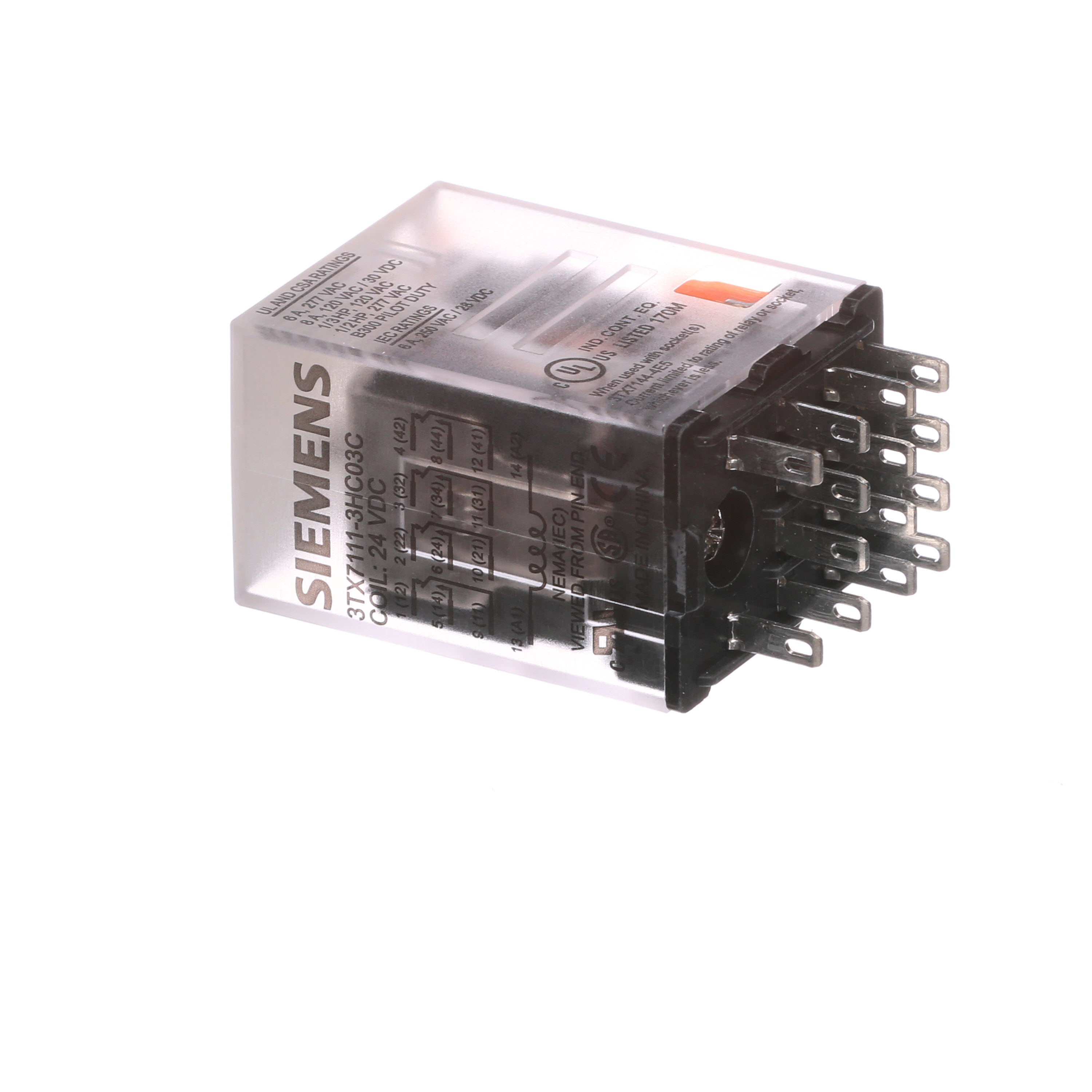 Plug-in Relay, Basic 14-pin Square Base 4PDT, 6A, 24VDC Uses Socket 3TX7144-1E5or 3TX7144-4E5