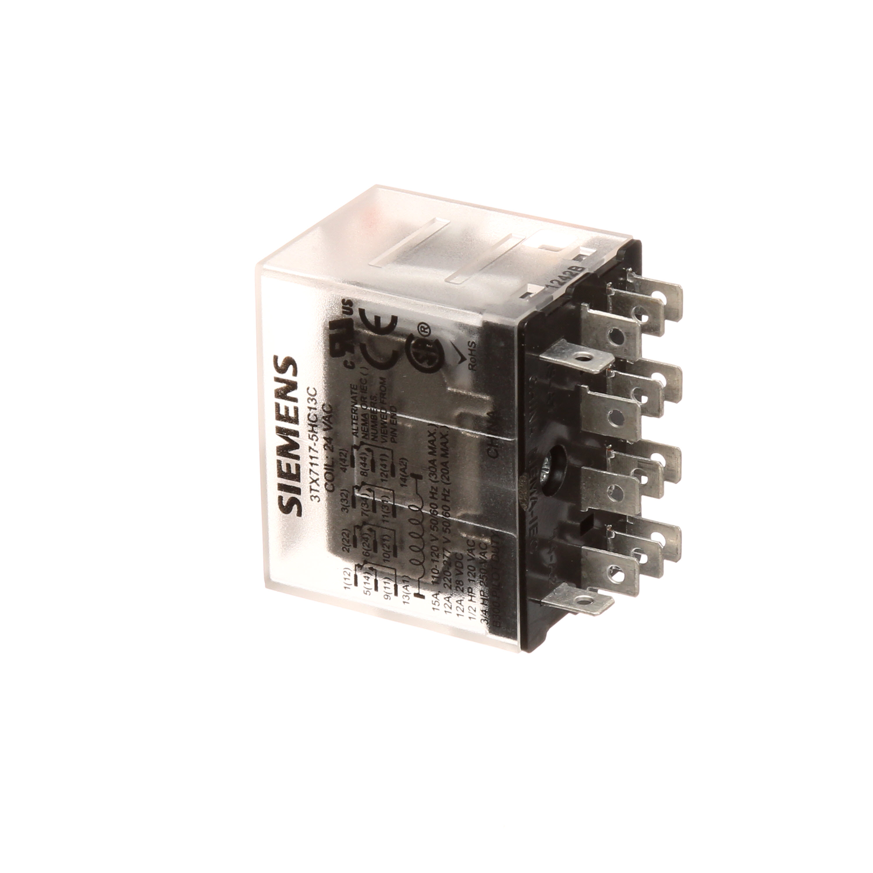 Plug-in Relay, Basic 14-pin Square Base 4PDT, 15A, 24VAC Uses Socket 3TX7144-4E9