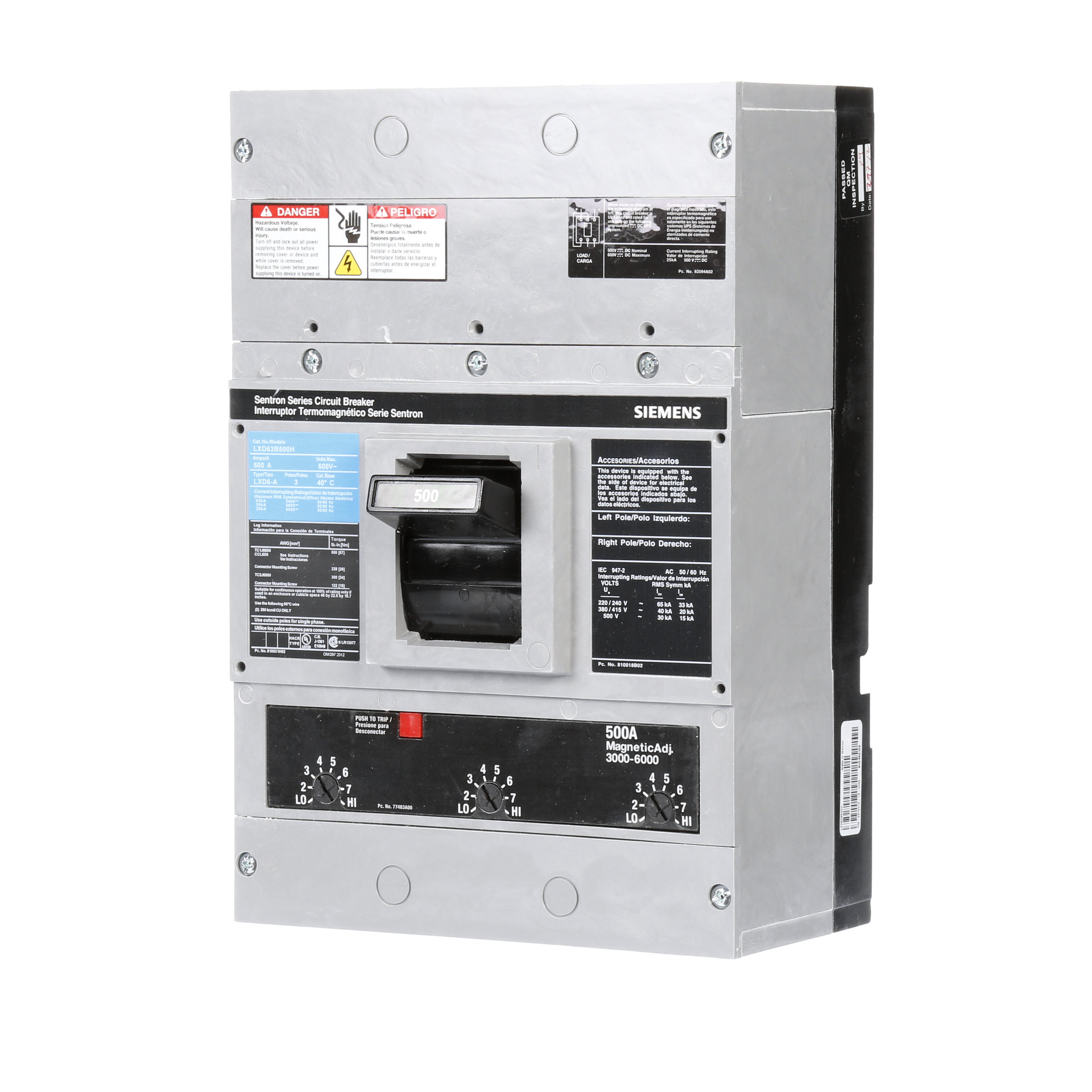 SIEMENS LOW VOLTAGE SENTRON MOLDED CASE CIRCUIT BREAKER WITH THERMAL - MAGNETICTRIP UNIT. ASSEMBLED 100 PERCENT RATED STANDARD 40 DEG C BREAKER LD FRAME WITH STANDARD BREAKING CAPACITY. 500A 3-POLE (25KAIC AT 600V) (35KAIC AT 480V). NON-INTERCHANGEABLE TRIP UNIT. SPECIAL FEATURES NO LUGS INSTALLED. DIMENSIONS (W x H x D) IN 7.50 x 11.0 x 4.00.