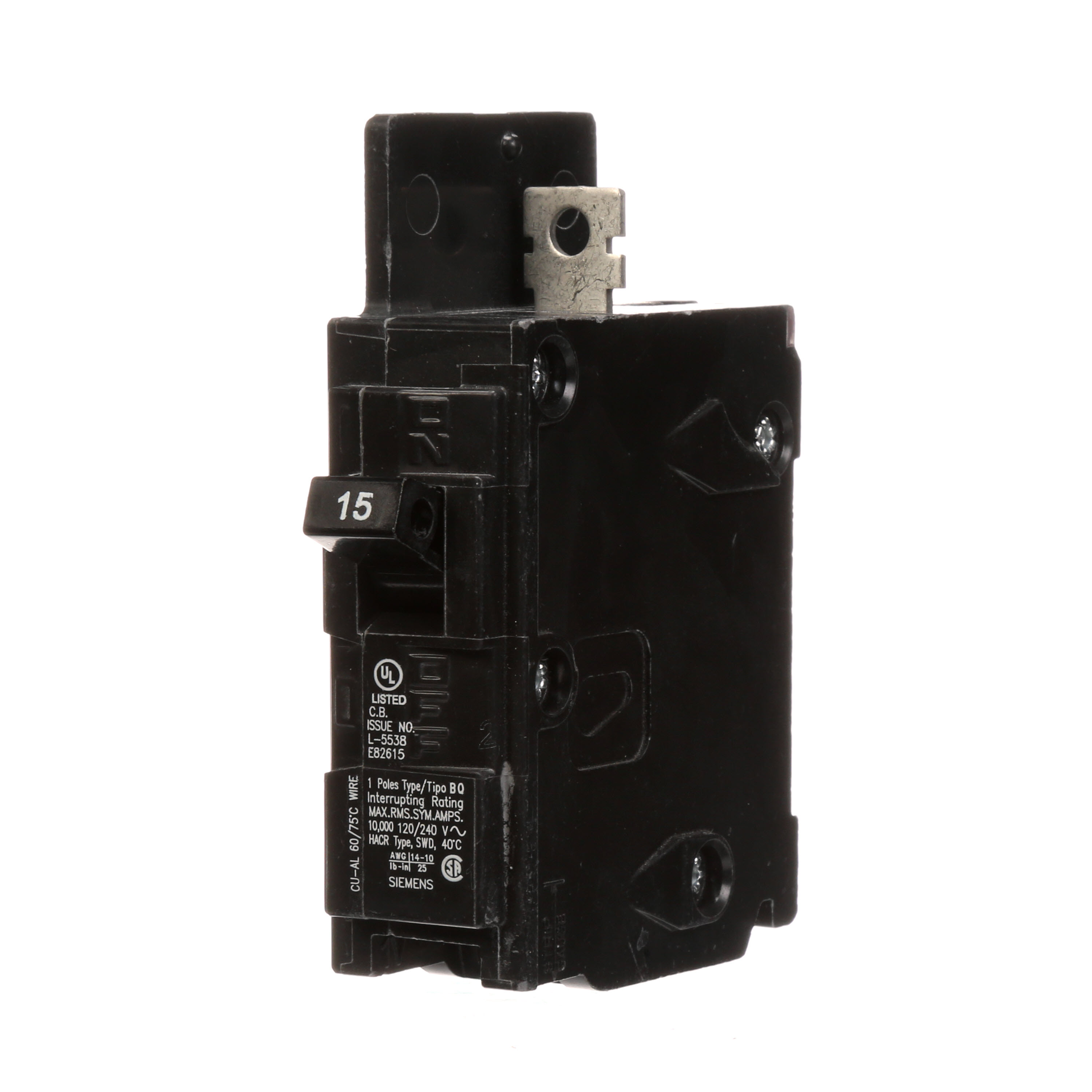 Siemens Low Voltage Molded Case Circuit Breakers General Purpose MCCBs are Circuit Protection Molded Case Circuit Breakers. 1-Pole circuit breaker type BQ. Rated 120V (015A) (AIR 10 kA). Special features Load side lugs are included.