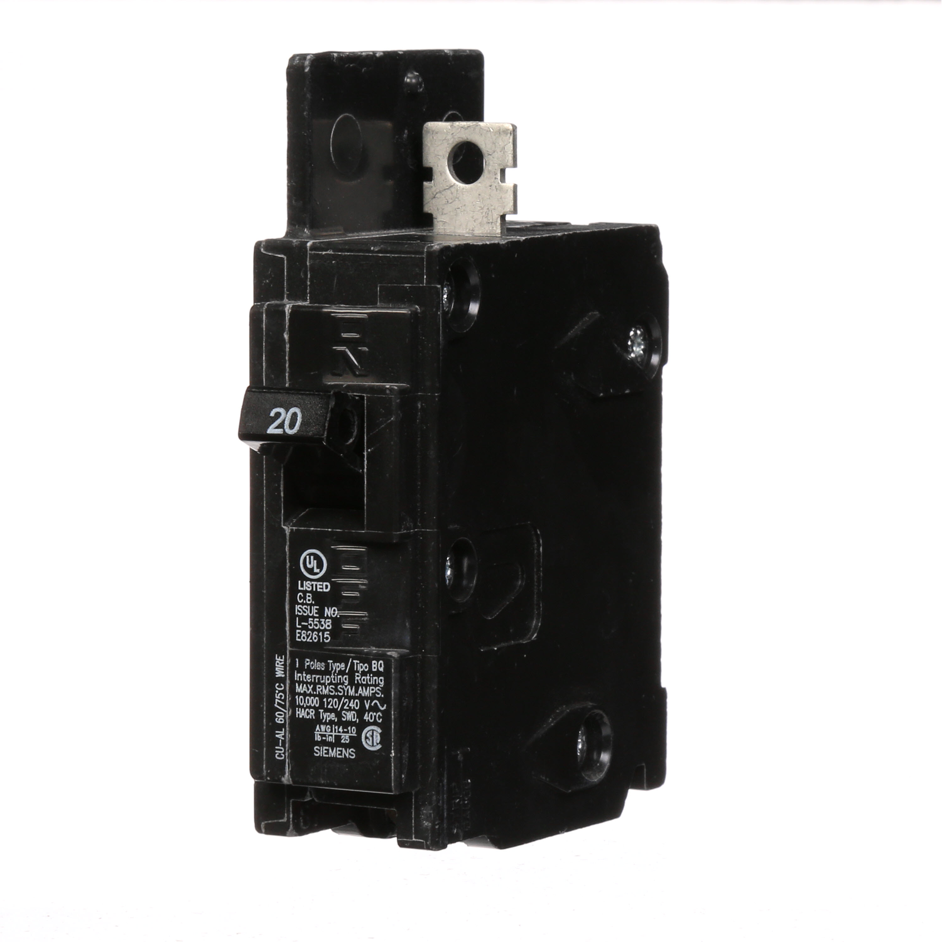 Siemens Low Voltage Molded Case Circuit Breakers General Purpose MCCBs are Circuit Protection Molded Case Circuit Breakers. 1-Pole circuit breaker type BQ. Rated 120V (020A) (AIR 10 kA). Special features Load side lugs are included.