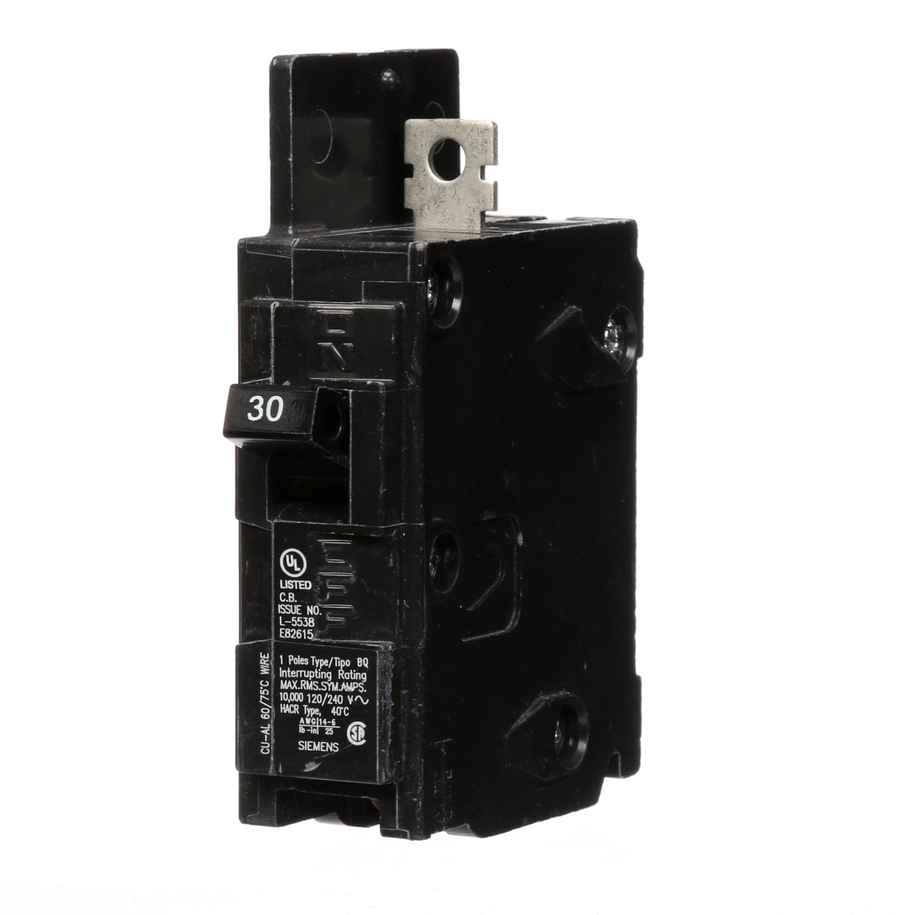 Siemens Low Voltage Molded Case Circuit Breakers General Purpose MCCBs are Circuit Protection Molded Case Circuit Breakers. 1-Pole circuit breaker type BQ. Rated 120V (030A) (AIR 10 kA). Special features Load side lugs are included.