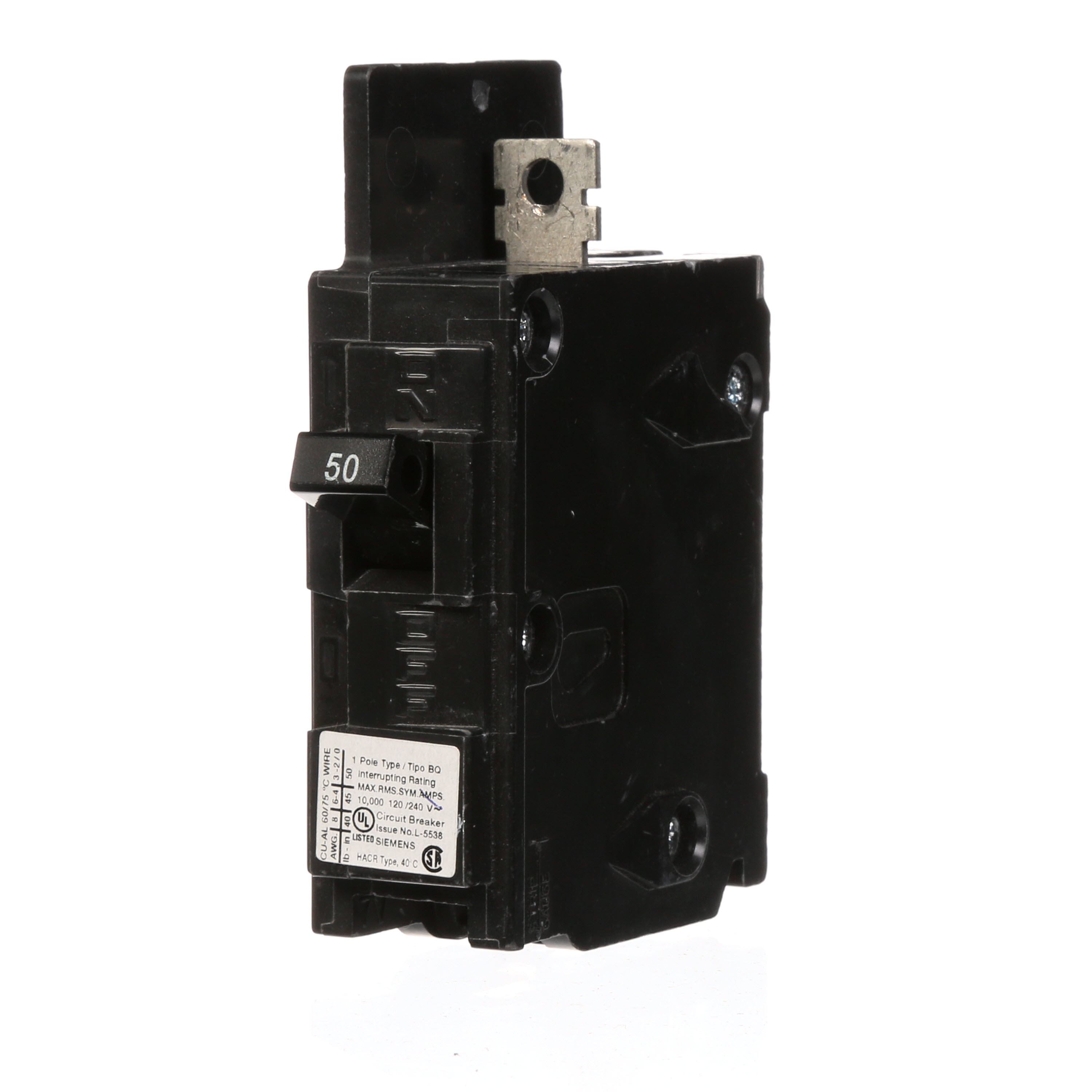 Siemens Low Voltage Molded Case Circuit Breakers General Purpose MCCBs are Circuit Protection Molded Case Circuit Breakers. 1-Pole circuit breaker type BQ. Rated 120V (050A) (AIR 10 kA). Special features Load side lugs are included.