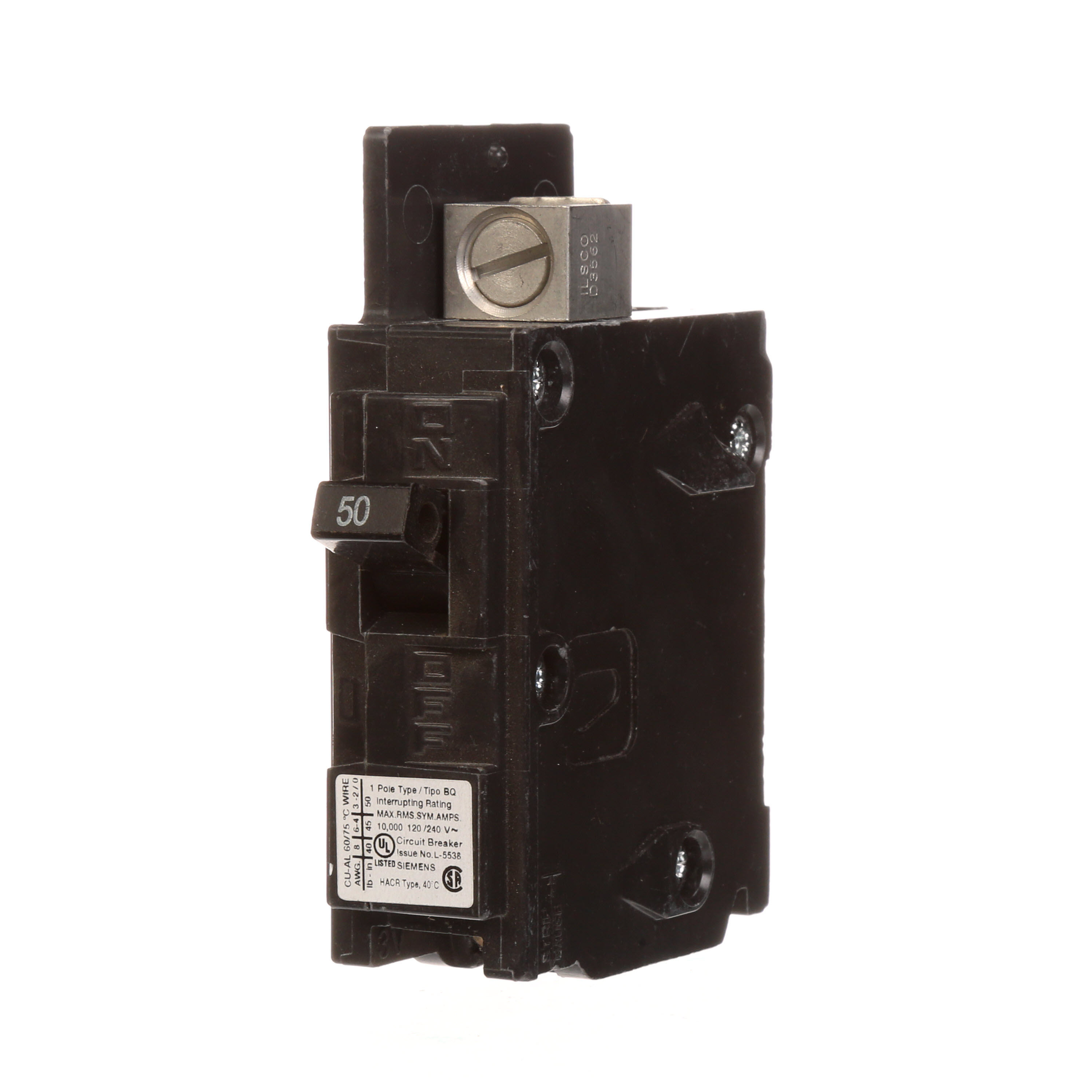 Siemens Low Voltage Molded Case Circuit Breakers General Purpose MCCBs are Circuit Protection Molded Case Circuit Breakers. 1-Pole circuit breaker type BQ. Rated 120V (050A) (AIR 10 kA). Special features line side lugs included. Note Load side lugs are included.