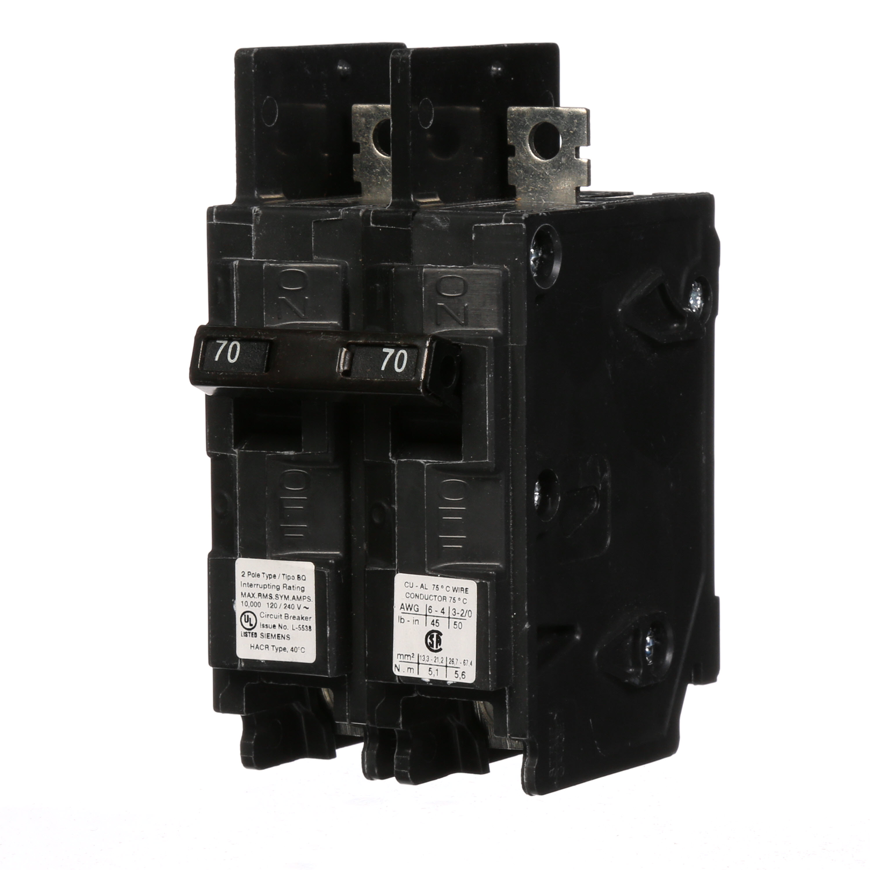 Siemens Low Voltage Molded Case Circuit Breakers General Purpose MCCBs - Type BQ, 2-Pole, 120/240VAC are Circuit Protection Molded Case Circuit Breakers. 2-Pole Common-Trip circuit breaker type BQ. Rated 120/240V (070A) (AIR 10 kA). Special features Load side lugs are included.