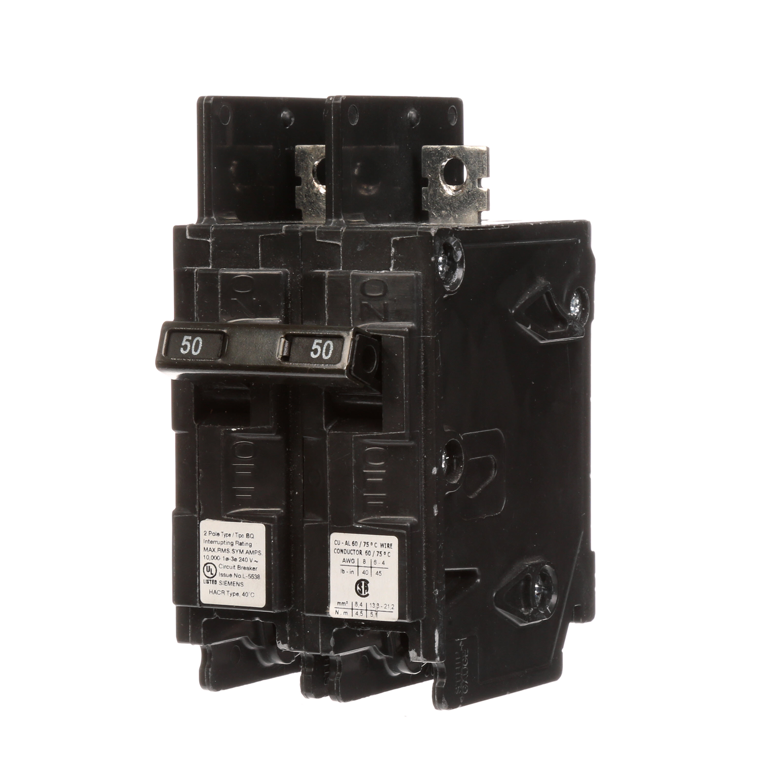 Siemens Low Voltage Molded Case Circuit Breakers General Purpose MCCBs are Circuit Protection Molded Case Circuit Breakers. 2-Pole Common-Trip circuit breaker type BQ. Rated 240V (050A) (AIR 10 kA). Special features Load side lugs are included.