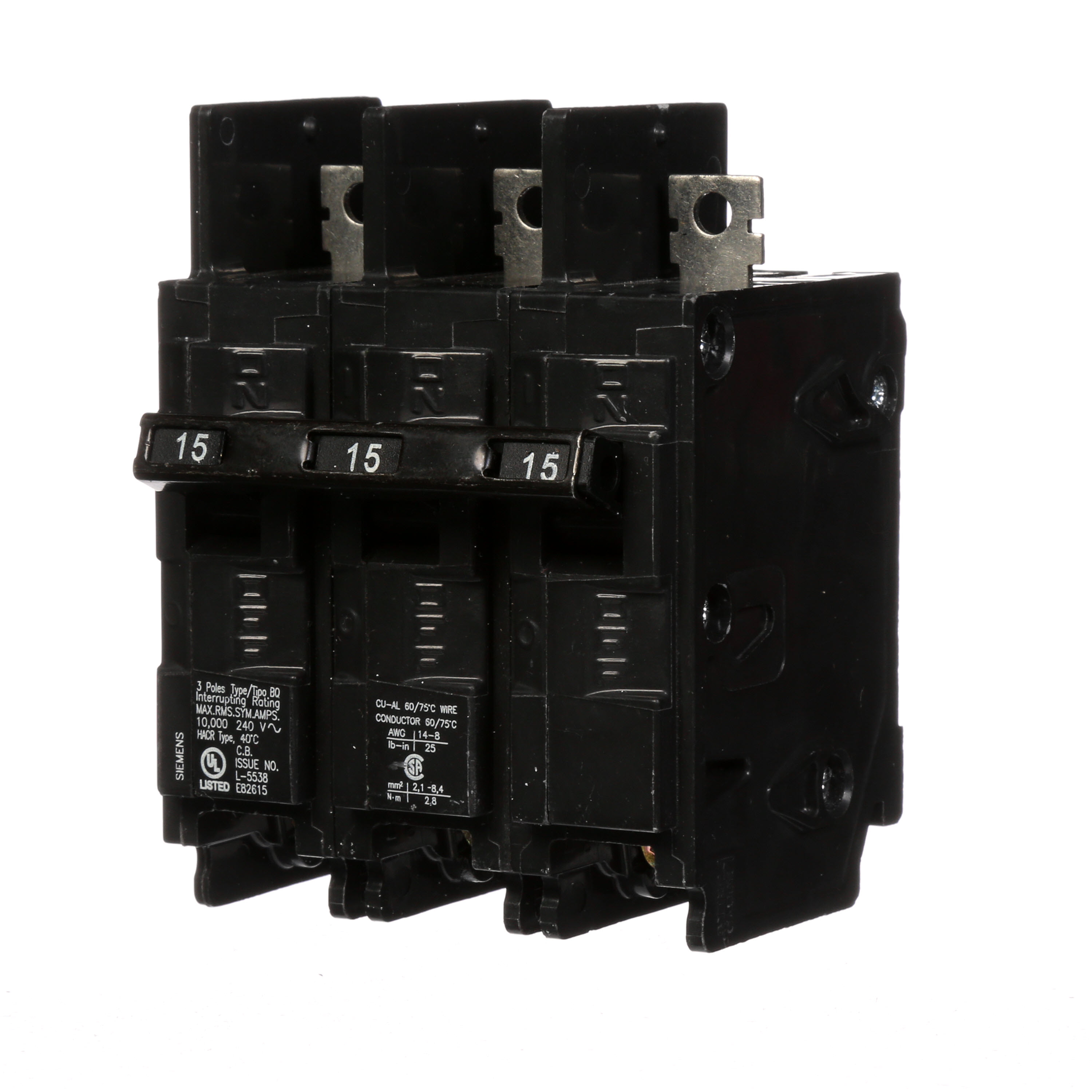 Siemens Low Voltage Molded Case Circuit Breakers General Purpose MCCBs are Circuit Protection Molded Case Circuit Breakers. 3-Pole Common-Trip circuit breaker type BQ. Rated 240V (015A) (AIR 10 kA). Special features Load side lugs are included.