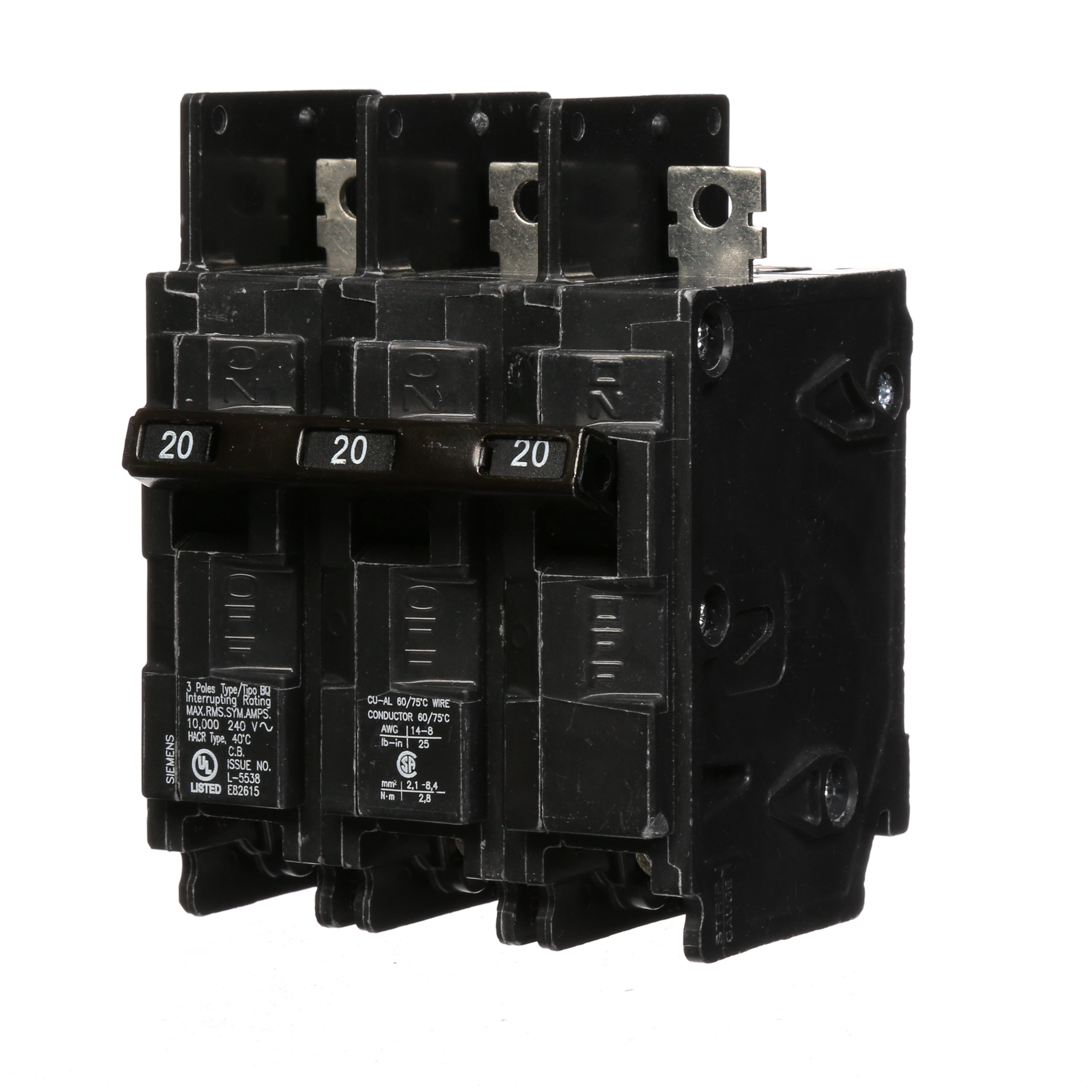 Siemens Low Voltage Molded Case Circuit Breakers General Purpose MCCBs are Circuit Protection Molded Case Circuit Breakers. 3-Pole Common-Trip circuit breaker type BQ. Rated 240V (020A) (AIR 10 kA). Special features Load side lugs are included.