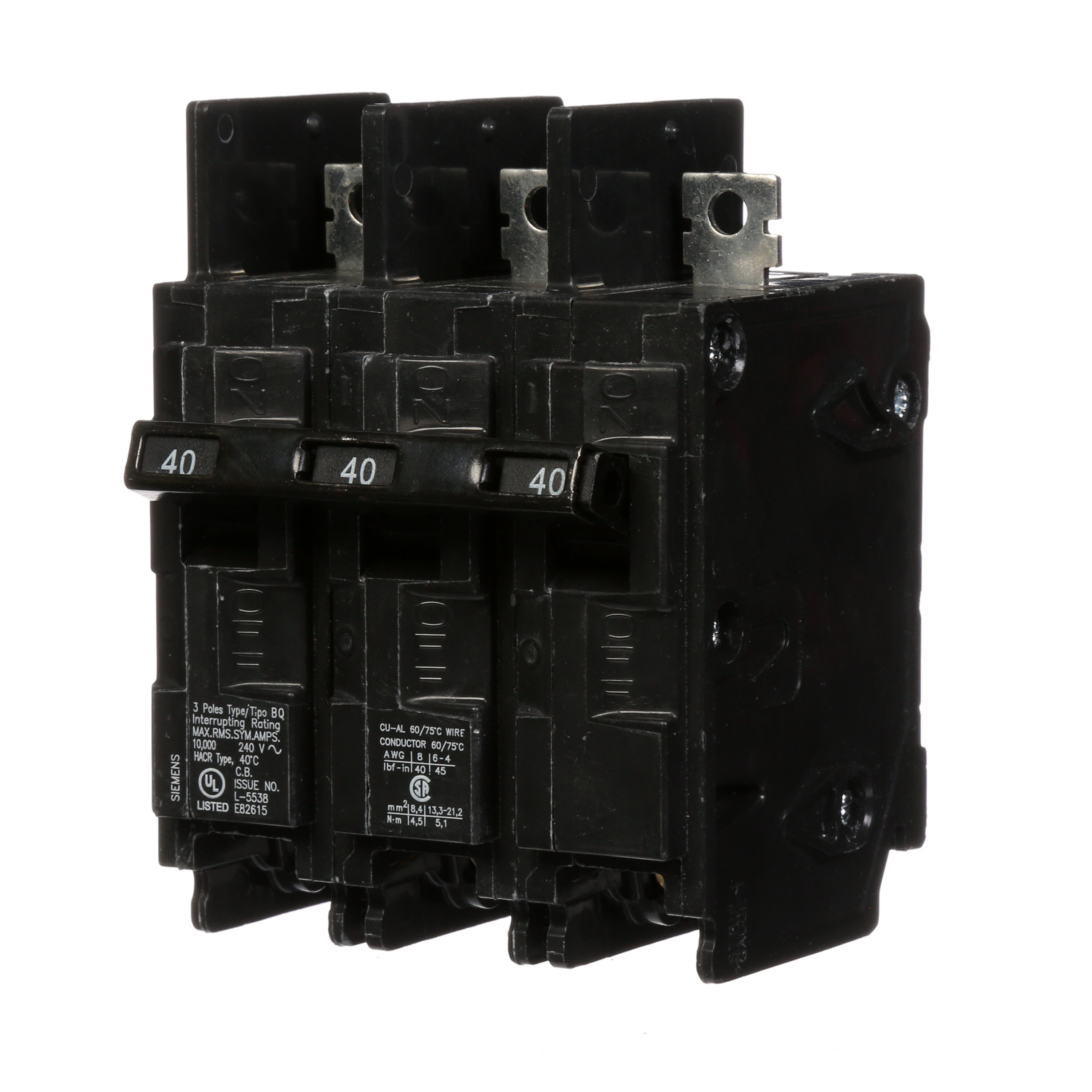 Siemens Low Voltage Molded Case Circuit Breakers General Purpose MCCBs are Circuit Protection Molded Case Circuit Breakers. 3-Pole Common-Trip circuit breaker type BQ. Rated 240V (040A) (AIR 10 kA). Special features Load side lugs are included.