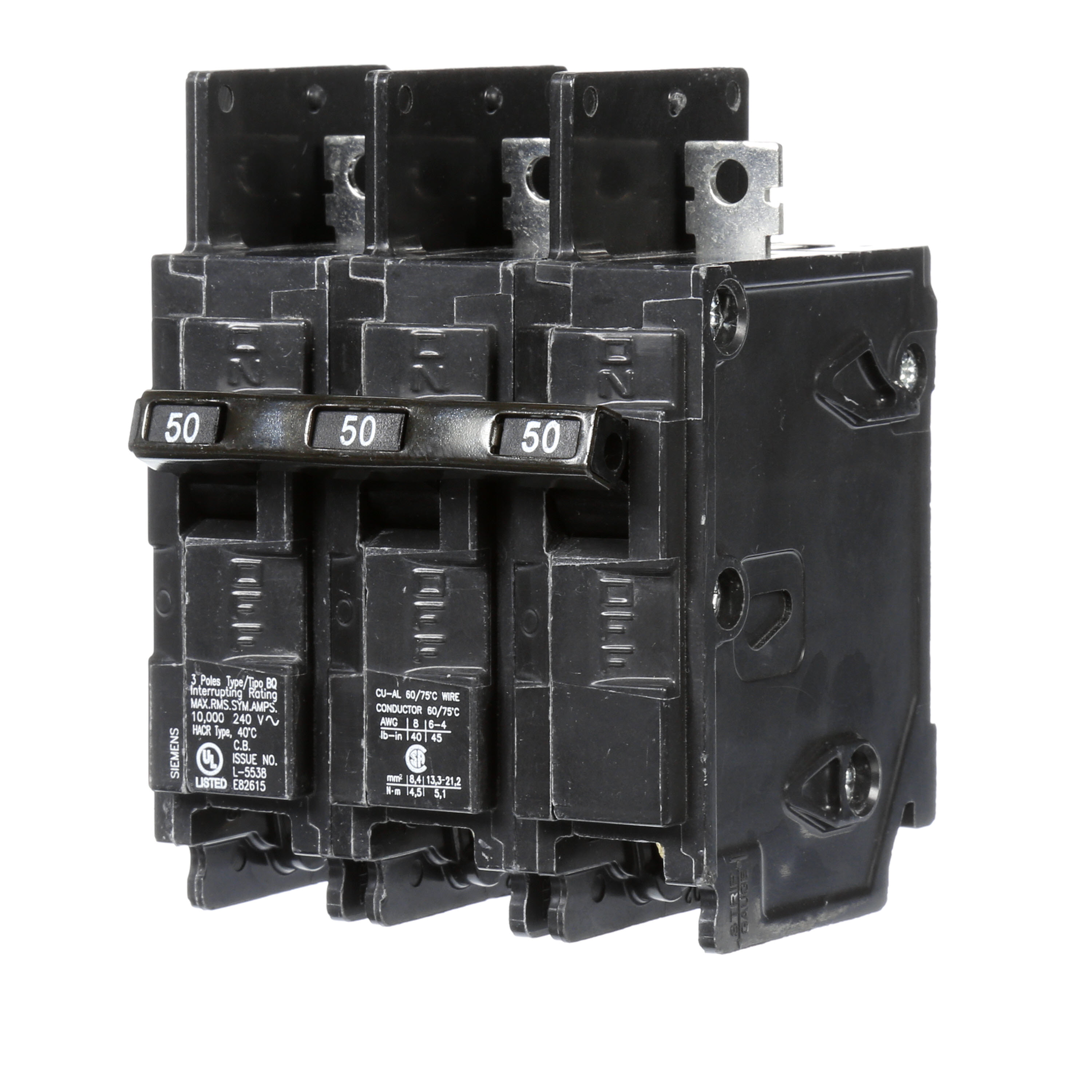 Siemens Low Voltage Molded Case Circuit Breakers General Purpose MCCBs are Circuit Protection Molded Case Circuit Breakers. 3-Pole Common-Trip circuit breaker type BQ. Rated 240V (050A) (AIR 10 kA). Special features Load side lugs are included.