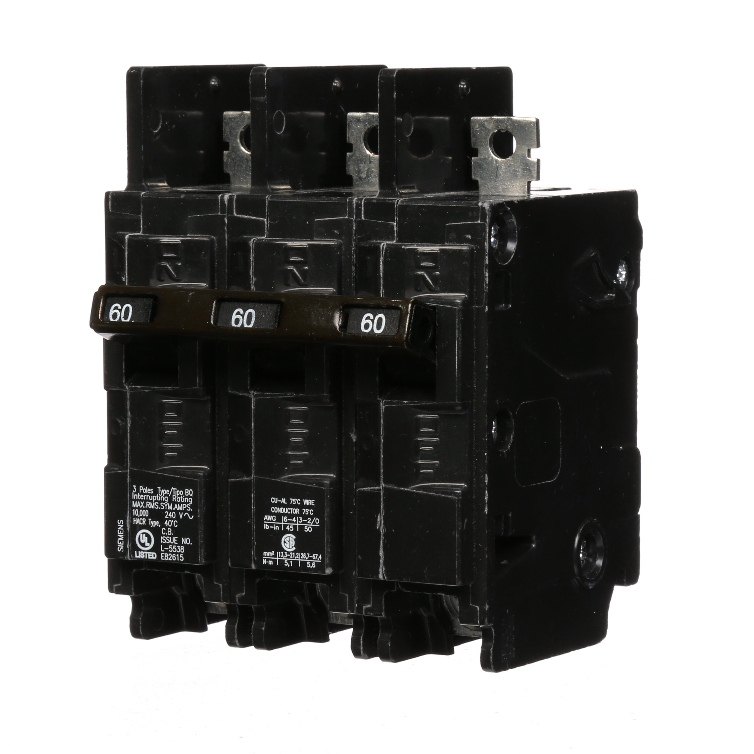 Siemens Low Voltage Molded Case Circuit Breakers General Purpose MCCBs are Circuit Protection Molded Case Circuit Breakers. 3-Pole Common-Trip circuit breaker type BQ. Rated 240V (060A) (AIR 10 kA). Special features Load side lugs are included.