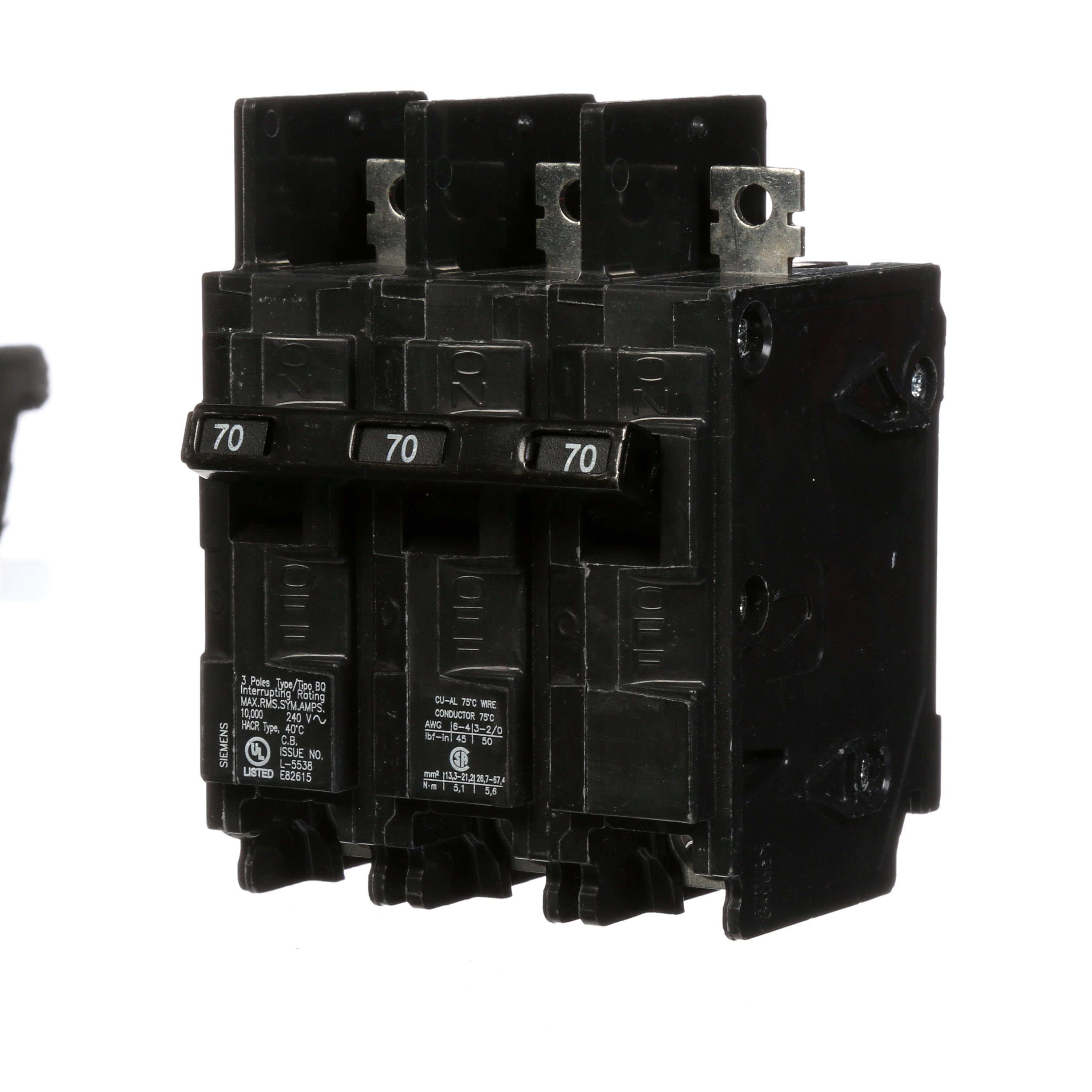 Siemens Low Voltage Molded Case Circuit Breakers General Purpose MCCBs are Circuit Protection Molded Case Circuit Breakers. 3-Pole Common-Trip circuit breaker type BQ. Rated 240V (070A) (AIR 10 kA). Special features Load side lugs are included.