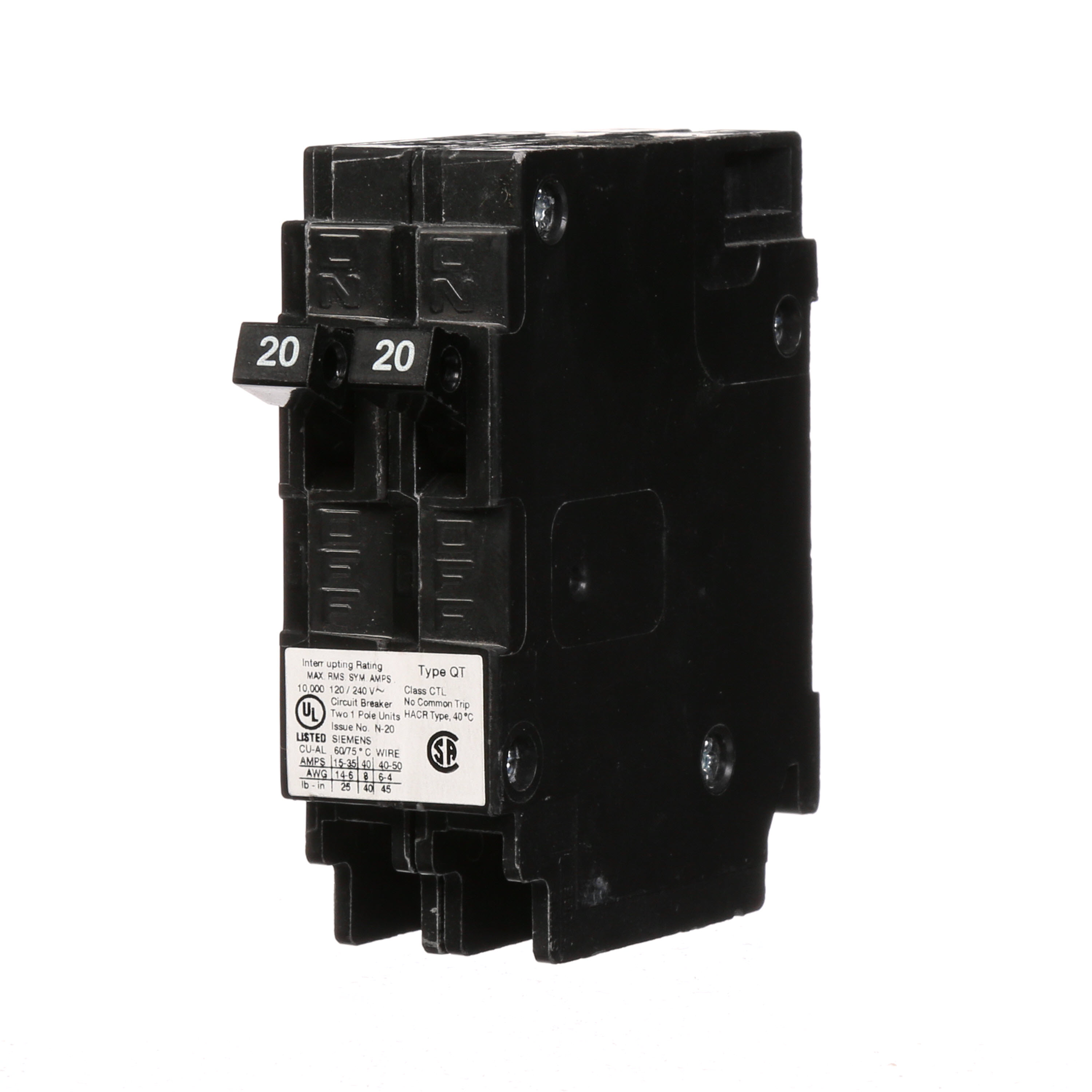 Siemens Low Voltage Residential Circuit Breakers Miniature Thermal Mag Circuit Breakers - Duplex, Triplex, Quadplex are Circuit Protection Load Center Mains, Feeders, and Miniature Circuit Breakers. Dimensions (L x W x H) IN 3 x 2 x 3. Type QT for electrical distribution applications. Meets stds UL 489. Rated 120V (20-20A). Connector plug-in 1-Pole. (AIR 10 AIC). No special features listed.