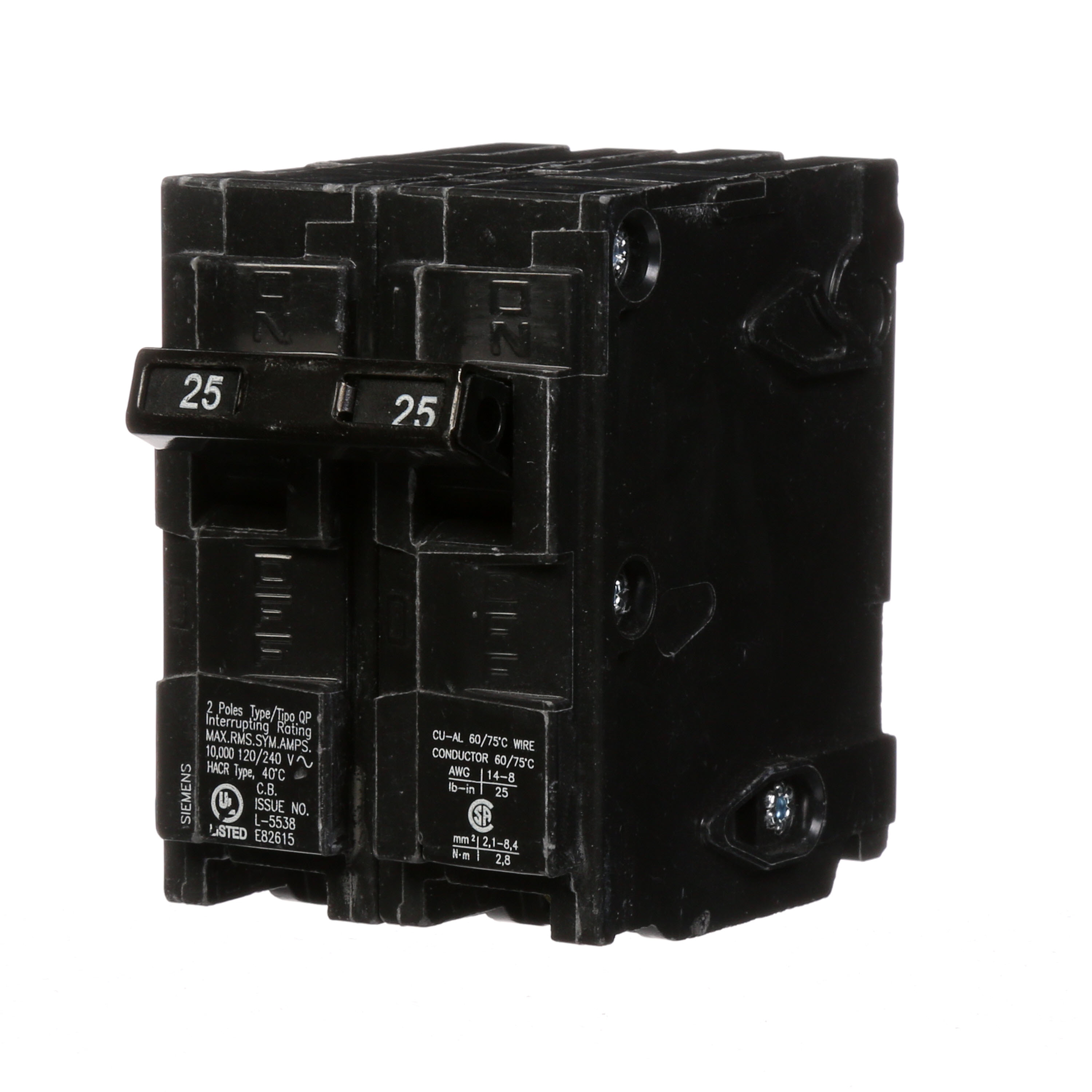 Siemens Low Voltage Residential Circuit Breakers Miniature Thermal Mag Circuit Breakers - Type QP/MP, 2-Pole, 120/240VAC are Circuit Protection Load Center Mains, Feeders, and Miniature Circuit Breakers. Type QP/MP Application Electrical Distribution Standard UL 489 Voltage Rating 120/240V Amperage Rating 25A Trip Range Thermal Magnetic Interrupt Rating 10 AIC Number Of Poles 2P
