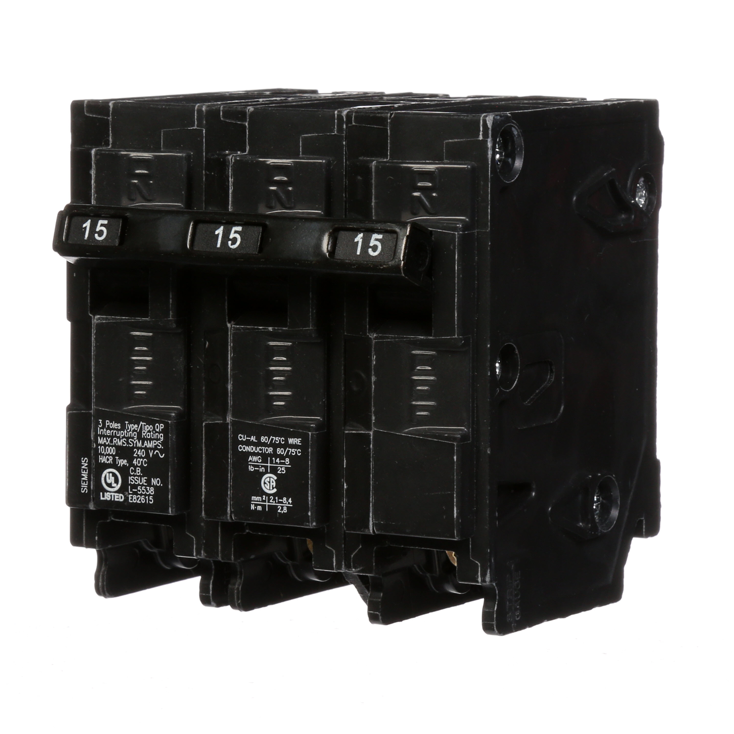 Siemens Low Voltage Residential Circuit Breakers Miniature Thermal Mag Circuit Breakers - Type QP/MP, 3-Pole, 240VAC are Circuit Protection Load Center Mains, Feeders, and Miniature Circuit Breakers. Type QP/MP Application Electrical Distribution Standard UL 489 Voltage Rating 240V Amperage Rating 15A Trip Range Thermal Magnetic Interrupt Rating 10 AIC Number Of Poles 3P
