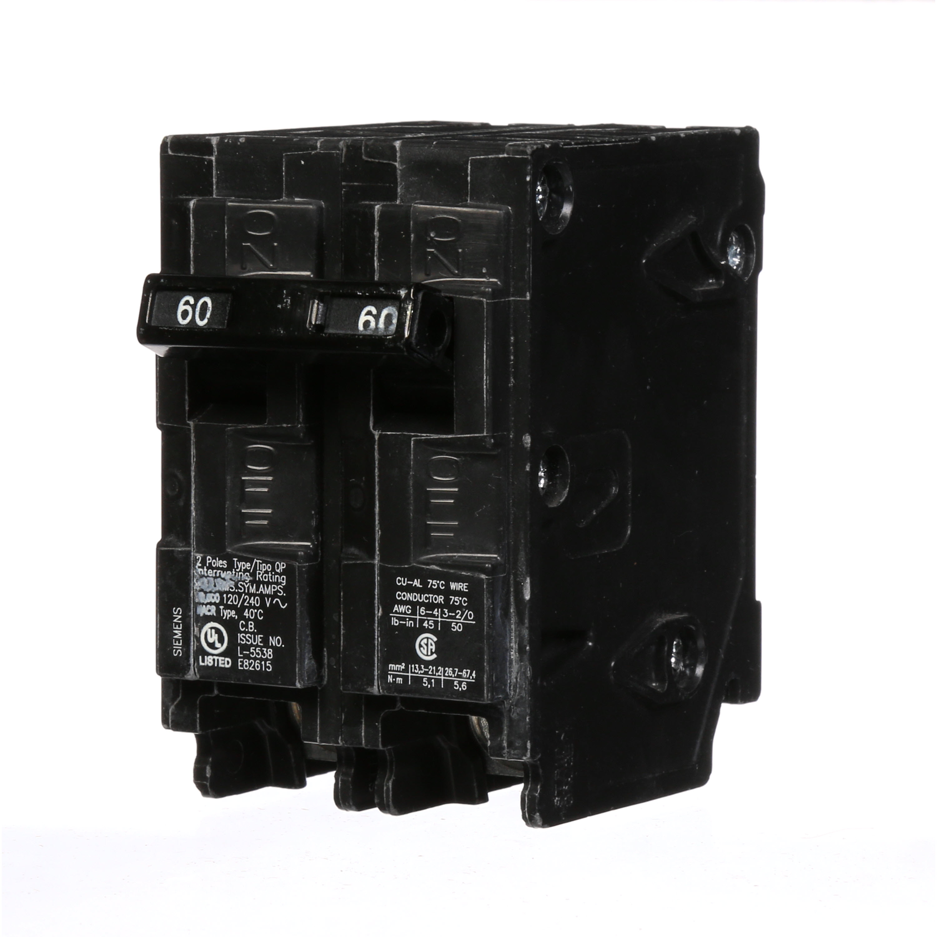 Siemens Low Voltage Residential Circuit Breakers Miniature Thermal Mag Circuit Breakers - Type QP/MP, 2-Pole, 120/240VAC are Circuit Protection Load Center Mains, Feeders, and Miniature Circuit Breakers. Type QP/MP Application Electrical Distribution Standard UL 489 Voltage Rating 120/240V Amperage Rating 60A Trip Range Thermal Magnetic Interrupt Rating 10 AIC Number Of Poles 2P