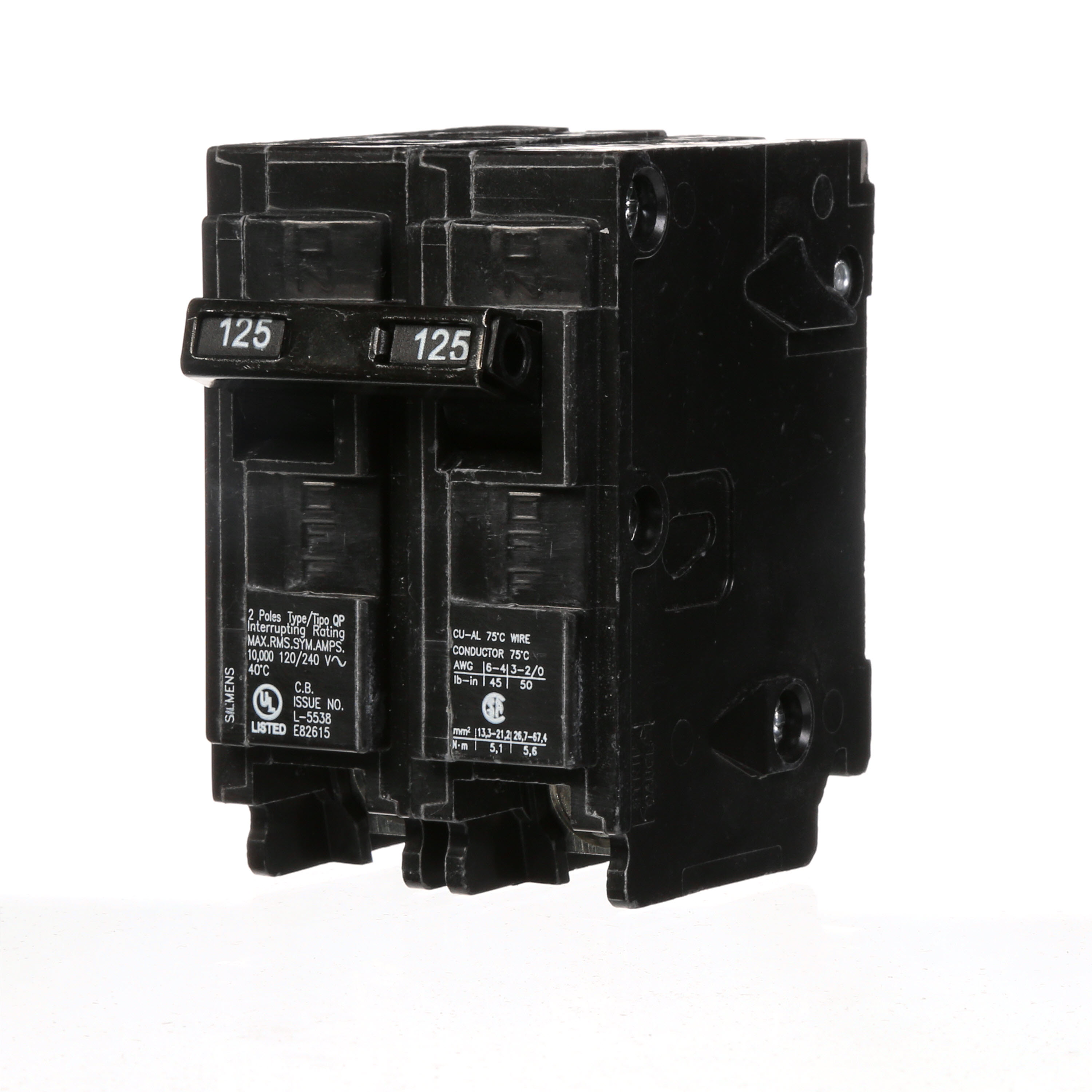 Siemens Low Voltage Residential Circuit Breakers Miniature Thermal Mag Circuit Breakers - Type QP/MP, 2-Pole, 120/240VAC are Circuit Protection Load Center Mains, Feeders, and Miniature Circuit Breakers. Type QP/MP Application Electrical Distribution Standard UL 489 Voltage Rating 120/240V Amperage Rating 125A Trip Range Thermal Magnetic Interrupt Rating 10 AIC Number Of Poles 2P