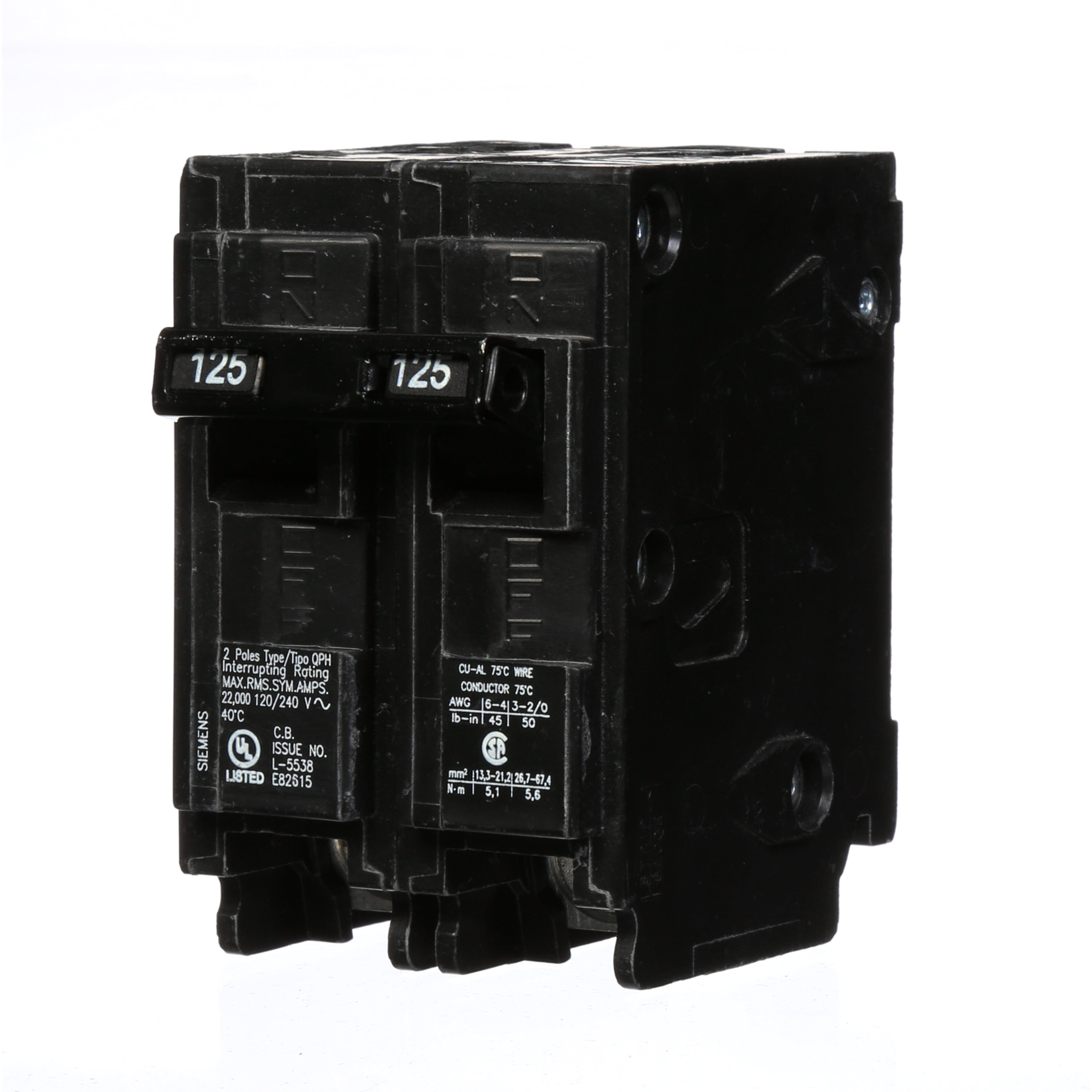 Siemens Low Voltage Residential Circuit Breakers Miniature Thermal Mag Circuit Breakers - Type QP/MP, 2-Pole, 120/240VAC are Circuit Protection Load Center Mains, Feeders, and Miniature Circuit Breakers. Type QP/MP Application Electrical Distribution Standard UL 489 Voltage Rating 120/240V Amperage Rating 125A Trip Range Thermal Magnetic Interrupt Rating 22 AIC Number Of Poles 2P