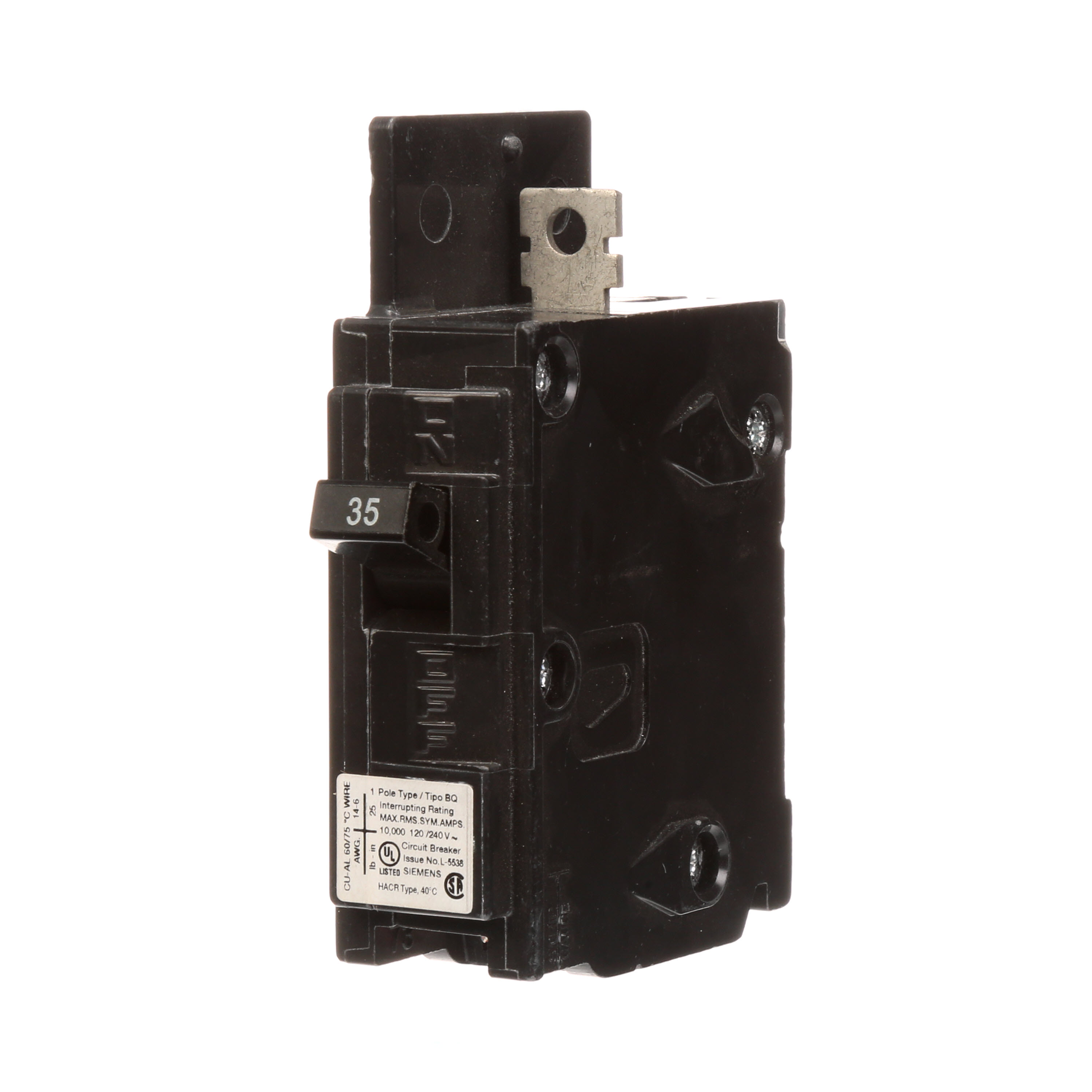 Siemens Low Voltage Molded Case Circuit Breakers General Purpose MCCBs are Circuit Protection Molded Case Circuit Breakers. 1-Pole circuit breaker type BQ. Rated 120V (035A) (AIR 10 kA). Special features Load side lugs are included.