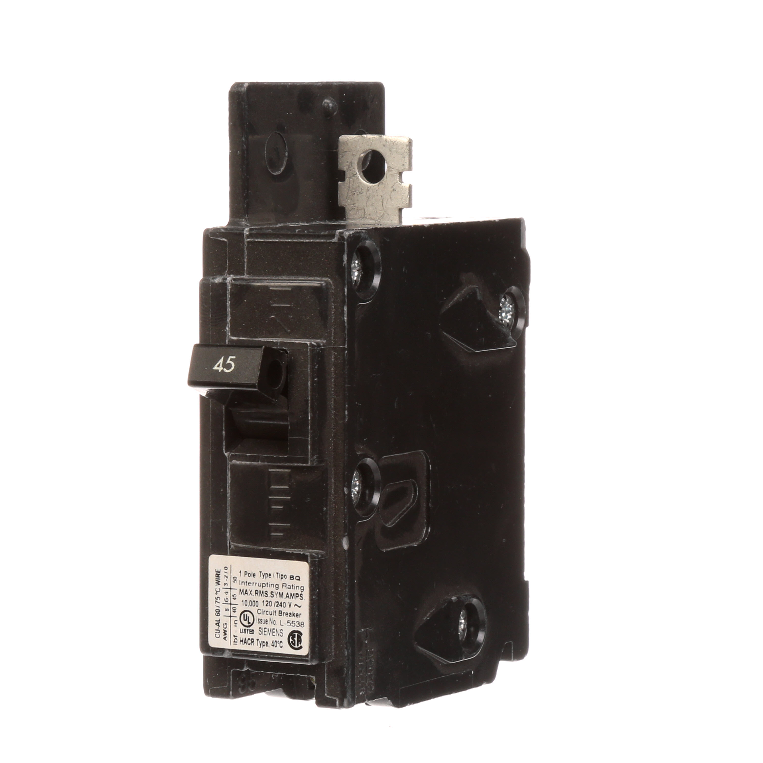Siemens Low Voltage Molded Case Circuit Breakers General Purpose MCCBs are Circuit Protection Molded Case Circuit Breakers. 1-Pole circuit breaker type BQ. Rated 120V (045A) (AIR 10 kA). Special features Load side lugs are included.