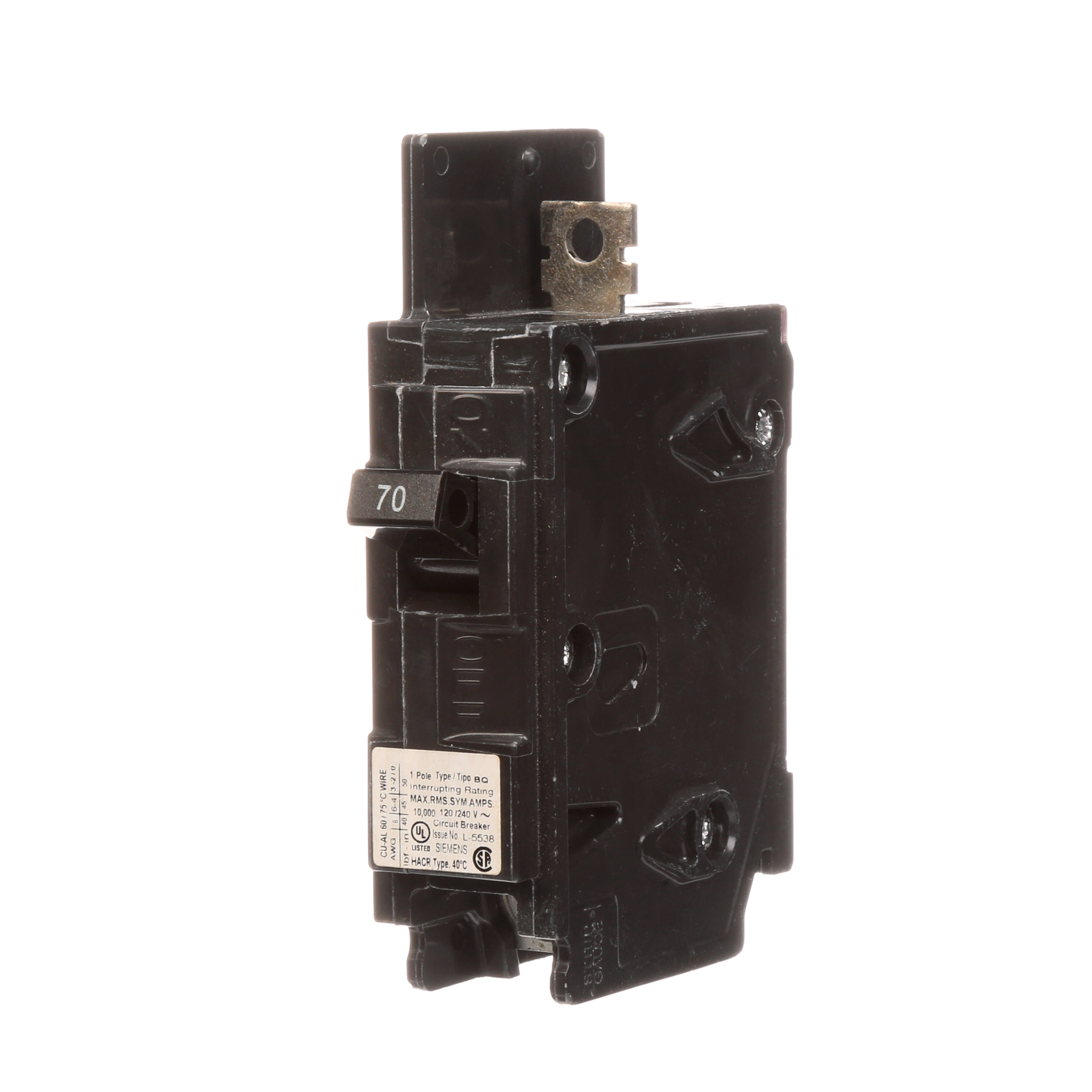 Siemens Low Voltage Molded Case Circuit Breakers General Purpose MCCBs are Circuit Protection Molded Case Circuit Breakers. 1-Pole circuit breaker type BQ. Rated 120V (070A) (AIR 10 kA). Special features Load side lugs are included.