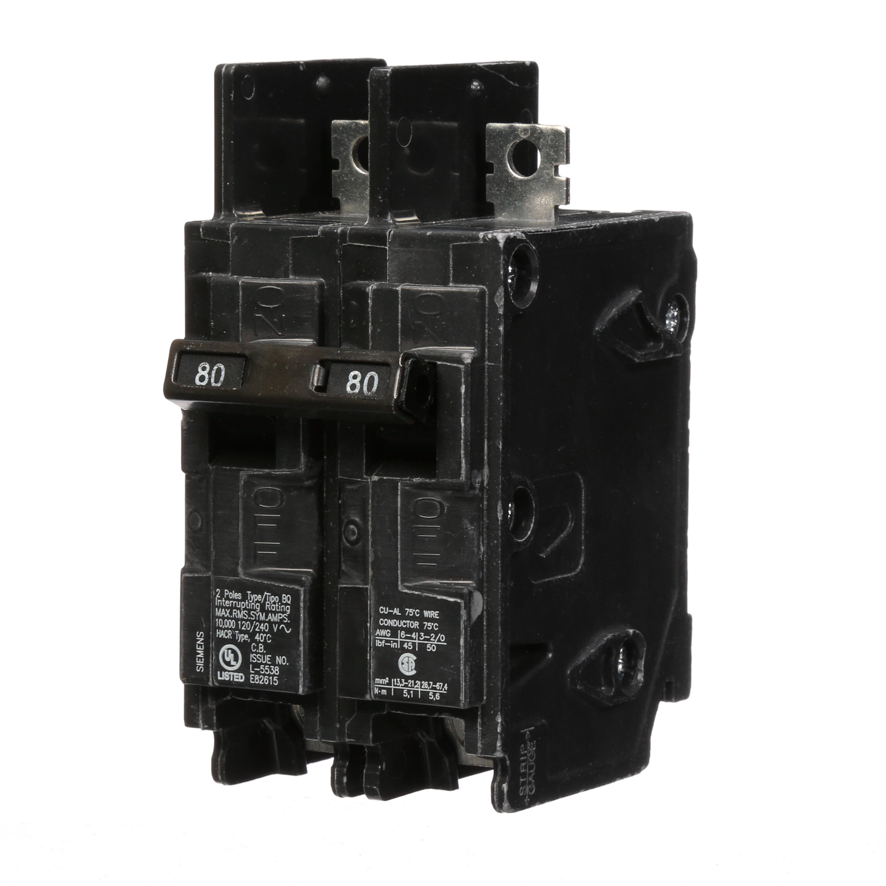 Siemens Low Voltage Molded Case Circuit Breakers General Purpose MCCBs - Type BQ, 2-Pole, 120/240VAC are Circuit Protection Molded Case Circuit Breakers. 2-Pole Common-Trip circuit breaker type BQ. Rated 120/240V (080A) (AIR 10 kA). Special features Load side lugs are included.