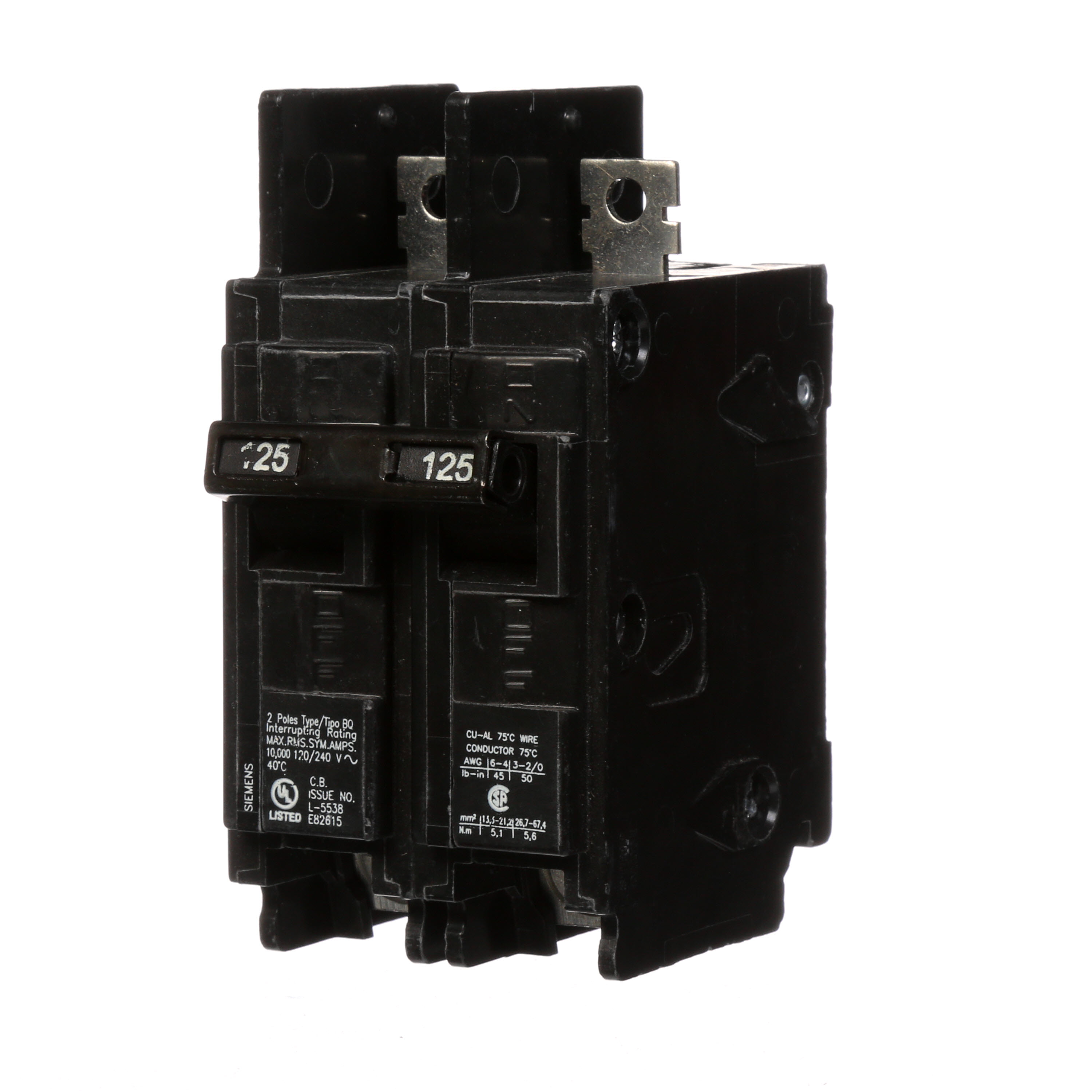 Siemens Low Voltage Molded Case Circuit Breakers General Purpose MCCBs - Type BQ, 2-Pole, 120/240VAC are Circuit Protection Molded Case Circuit Breakers. 2-Pole Common-Trip circuit breaker type BQ. Rated 120/240V (125A) (AIR 10 kA). Special features Load side lugs are included.