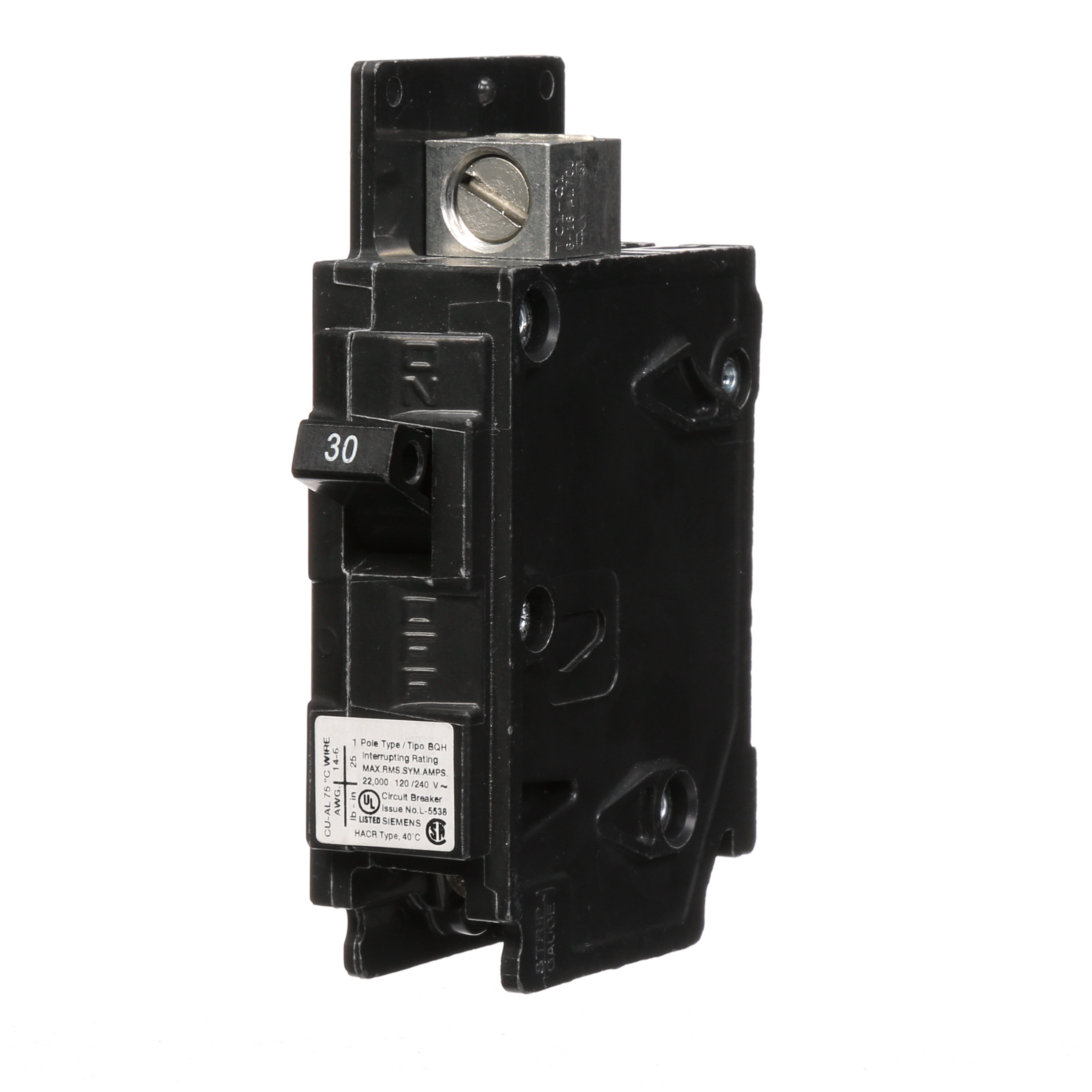 Siemens Low Voltage Molded Case Circuit Breakers General Purpose MCCBs are Circuit Protection Molded Case Circuit Breakers. 1-Pole circuit breaker type BQH. Rated 120V (030A) (AIR 22 kA). Special features Load side lugs are included.