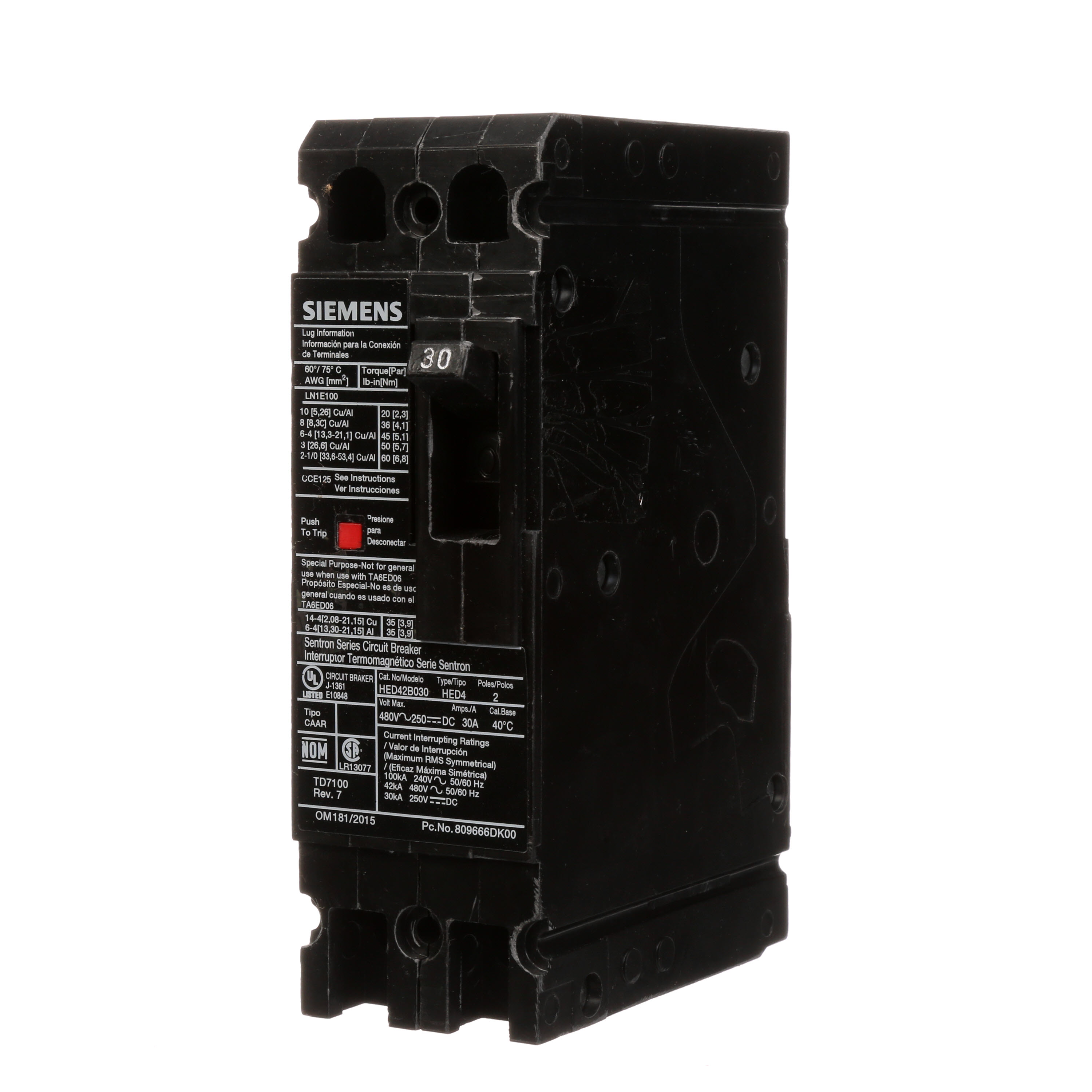 SIEMENS LOW VOLTAGE SENTRON MOLDED CASE CIRCUIT BREAKER WITH THERMAL - MAGNETICTRIP UNIT. STANDARD 40 DEG C BREAKER ED FRAME WITH HIGH BREAKING CAPACITY. 30A 2-POLE (42KAIC AT 480V). NON-INTERCHANGEABLE TRIP UNIT. SPECIAL FEATURES LOAD LUGS ONLY (LN1E100) WIRE RANGE 10 - 1/0AWG (CU/AL). DIMENSIONS (W x H x D) IN 2.00x 6.4 x 3.92.