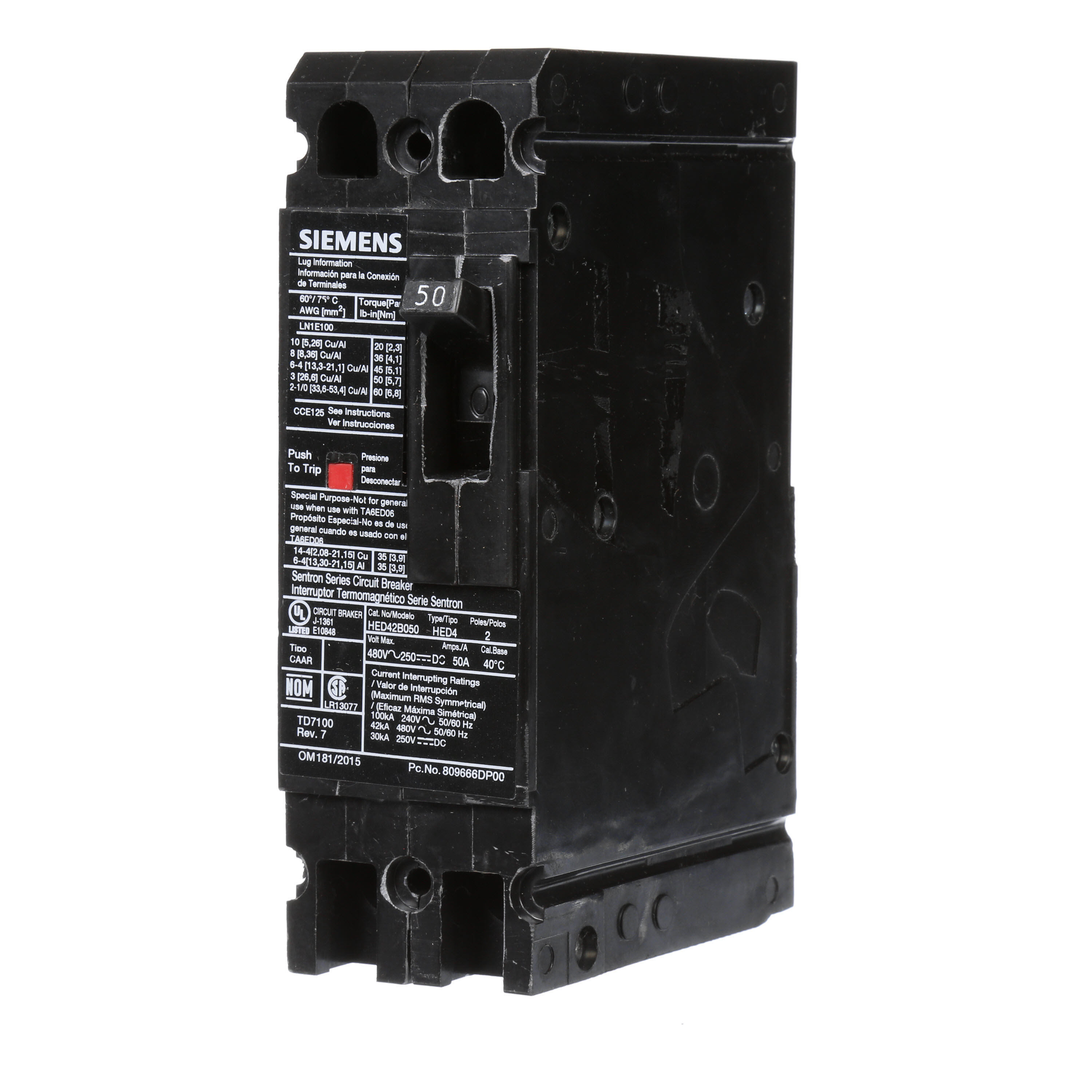 SIEMENS LOW VOLTAGE SENTRON MOLDED CASE CIRCUIT BREAKER WITH THERMAL - MAGNETICTRIP UNIT. STANDARD 40 DEG C BREAKER ED FRAME WITH HIGH BREAKING CAPACITY. 50A 2-POLE (42KAIC AT 480V). NON-INTERCHANGEABLE TRIP UNIT. SPECIAL FEATURES LOAD LUGS ONLY (LN1E100) WIRE RANGE 10 - 1/0AWG (CU/AL). DIMENSIONS (W x H x D) IN 2.00x 6.4 x 3.92.