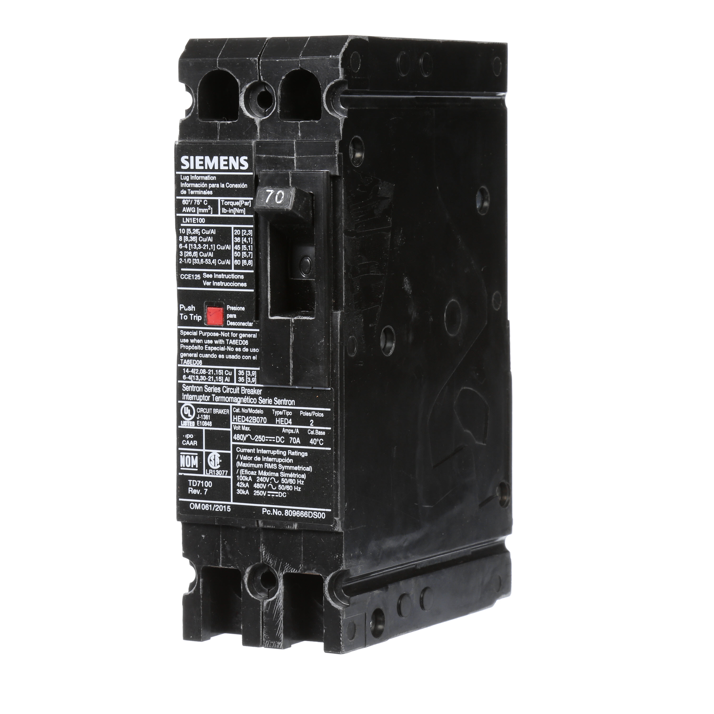 SIEMENS LOW VOLTAGE SENTRON MOLDED CASE CIRCUIT BREAKER WITH THERMAL - MAGNETICTRIP UNIT. STANDARD 40 DEG C BREAKER ED FRAME WITH HIGH BREAKING CAPACITY. 70A 2-POLE (42KAIC AT 480V). NON-INTERCHANGEABLE TRIP UNIT. SPECIAL FEATURES LOAD LUGS ONLY (LN1E100) WIRE RANGE 10 - 1/0AWG (CU/AL). DIMENSIONS (W x H x D) IN 2.00x 6.4 x 3.92.