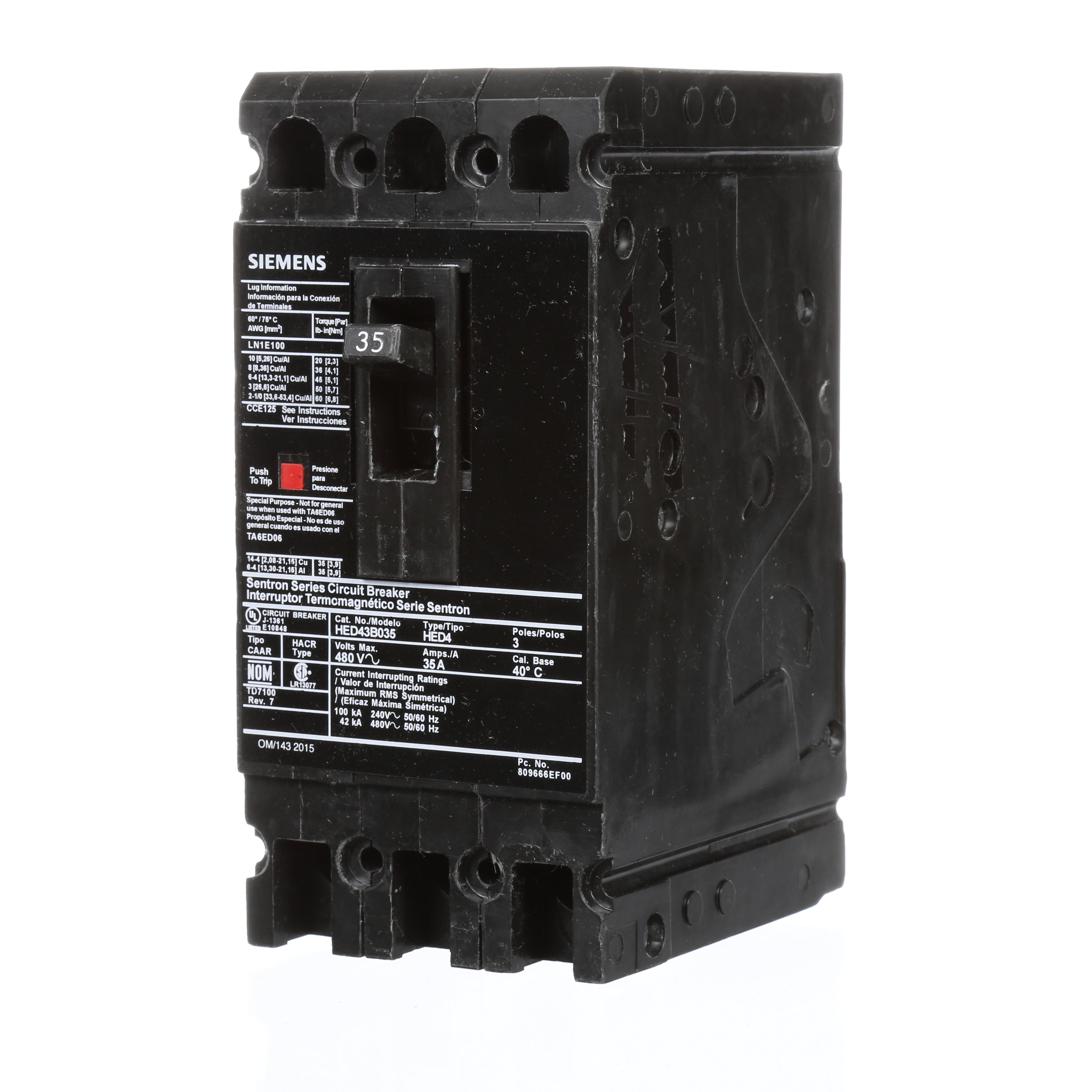 SIEMENS LOW VOLTAGE SENTRON MOLDED CASE CIRCUIT BREAKER WITH THERMAL - MAGNETICTRIP UNIT. STANDARD 40 DEG C BREAKER ED FRAME WITH HIGH BREAKING CAPACITY. 35A 3-POLE (42KAIC AT 480V). NON-INTERCHANGEABLE TRIP UNIT. SPECIAL FEATURES LOAD LUGS ONLY (LN1E100) WIRE RANGE 10 - 1/0AWG (CU/AL). DIMENSIONS (W x H x D) IN 3.00x 6.4 x 3.92.