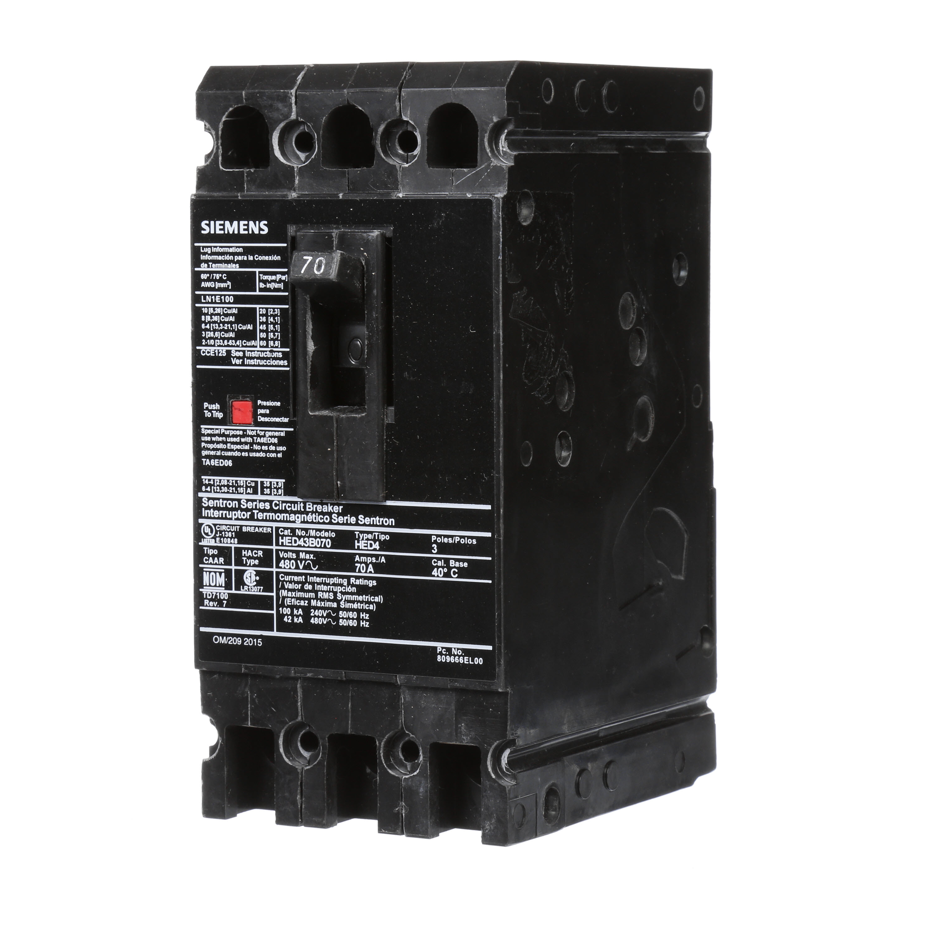 SIEMENS LOW VOLTAGE SENTRON MOLDED CASE CIRCUIT BREAKER WITH THERMAL - MAGNETICTRIP UNIT. STANDARD 40 DEG C BREAKER ED FRAME WITH HIGH BREAKING CAPACITY. 70A 3-POLE (42KAIC AT 480V). NON-INTERCHANGEABLE TRIP UNIT. SPECIAL FEATURES LOAD LUGS ONLY (LN1E100) WIRE RANGE 10 - 1/0AWG (CU/AL). DIMENSIONS (W x H x D) IN 3.00x 6.4 x 3.92.