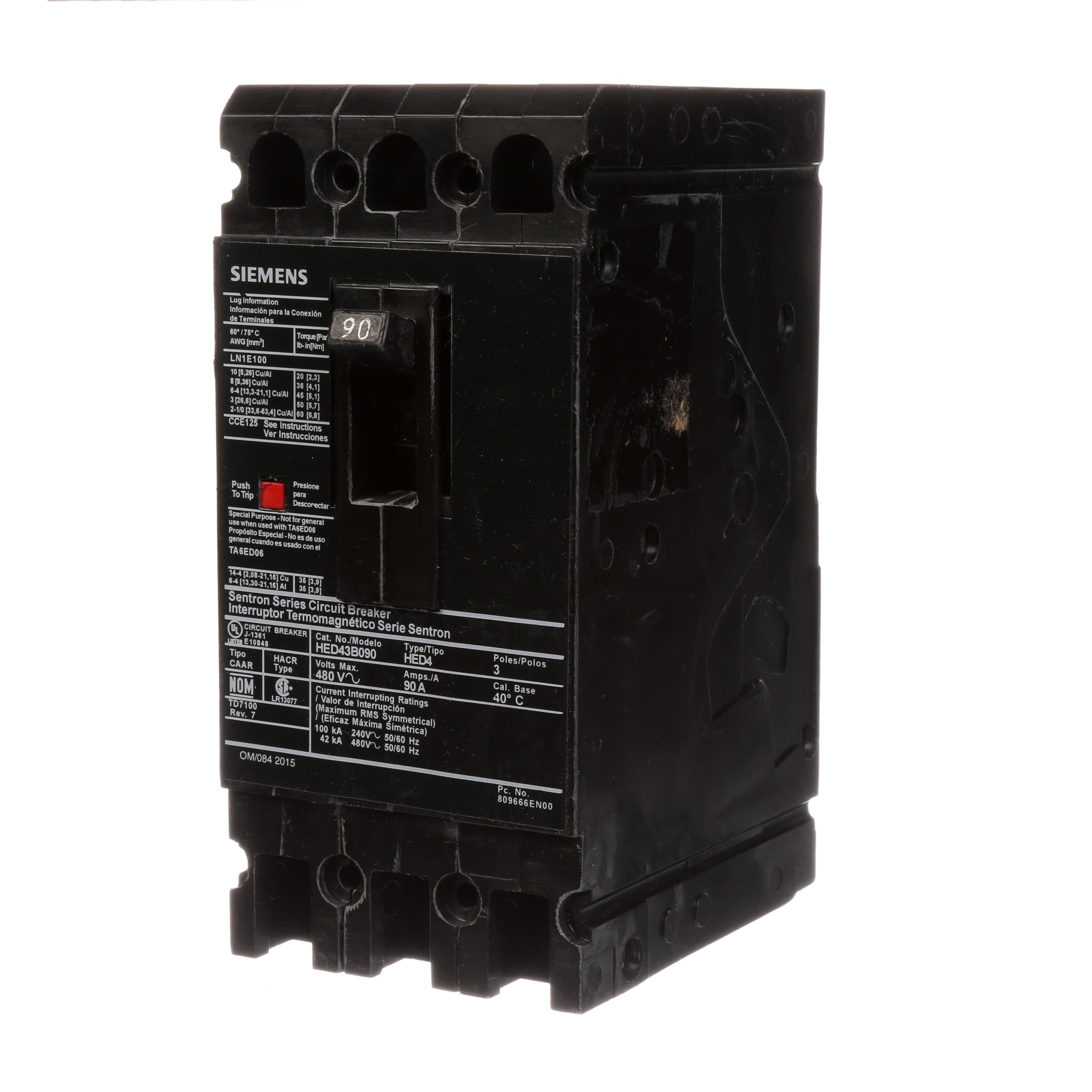 SIEMENS LOW VOLTAGE SENTRON MOLDED CASE CIRCUIT BREAKER WITH THERMAL - MAGNETICTRIP UNIT. STANDARD 40 DEG C BREAKER ED FRAME WITH HIGH BREAKING CAPACITY. 90A 3-POLE (42KAIC AT 480V). NON-INTERCHANGEABLE TRIP UNIT. SPECIAL FEATURES LOAD LUGS ONLY (LN1E100) WIRE RANGE 10 - 1/0AWG (CU/AL). DIMENSIONS (W x H x D) IN 3.00x 6.4 x 3.92.