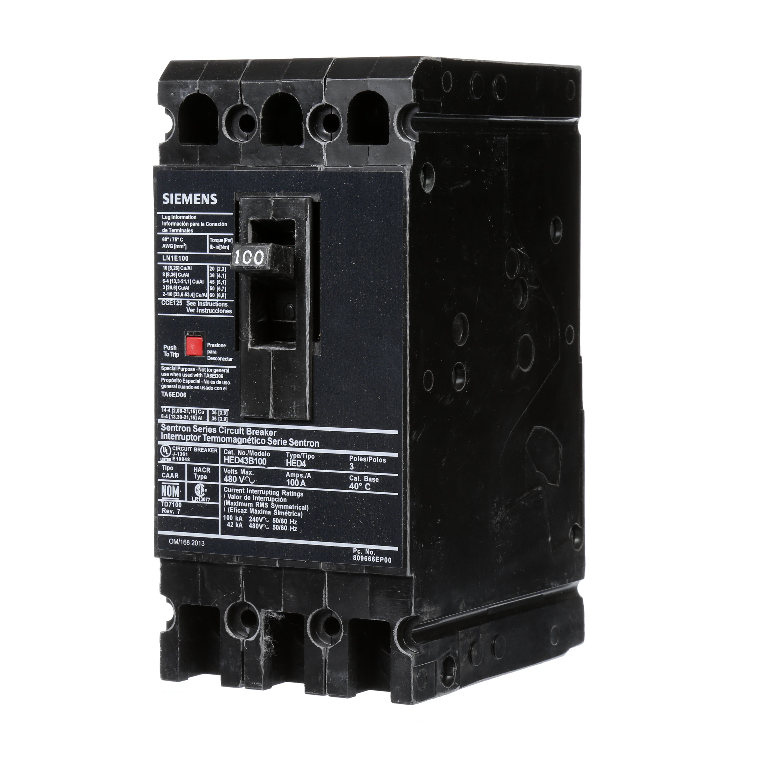 SIEMENS LOW VOLTAGE SENTRON MOLDED CASE CIRCUIT BREAKER WITH THERMAL - MAGNETICTRIP UNIT. STANDARD 40 DEG C BREAKER ED FRAME WITH HIGH BREAKING CAPACITY. 100A3-POLE (42KAIC AT 480V). NON-INTERCHANGEABLE TRIP UNIT. SPECIAL FEATURES LOAD LUGS ONLY (LN1E100) WIRE RANGE 10 - 1/0AWG (CU/AL). DIMENSIONS (W x H x D) IN 3.00 x 6.4 x 3.92.