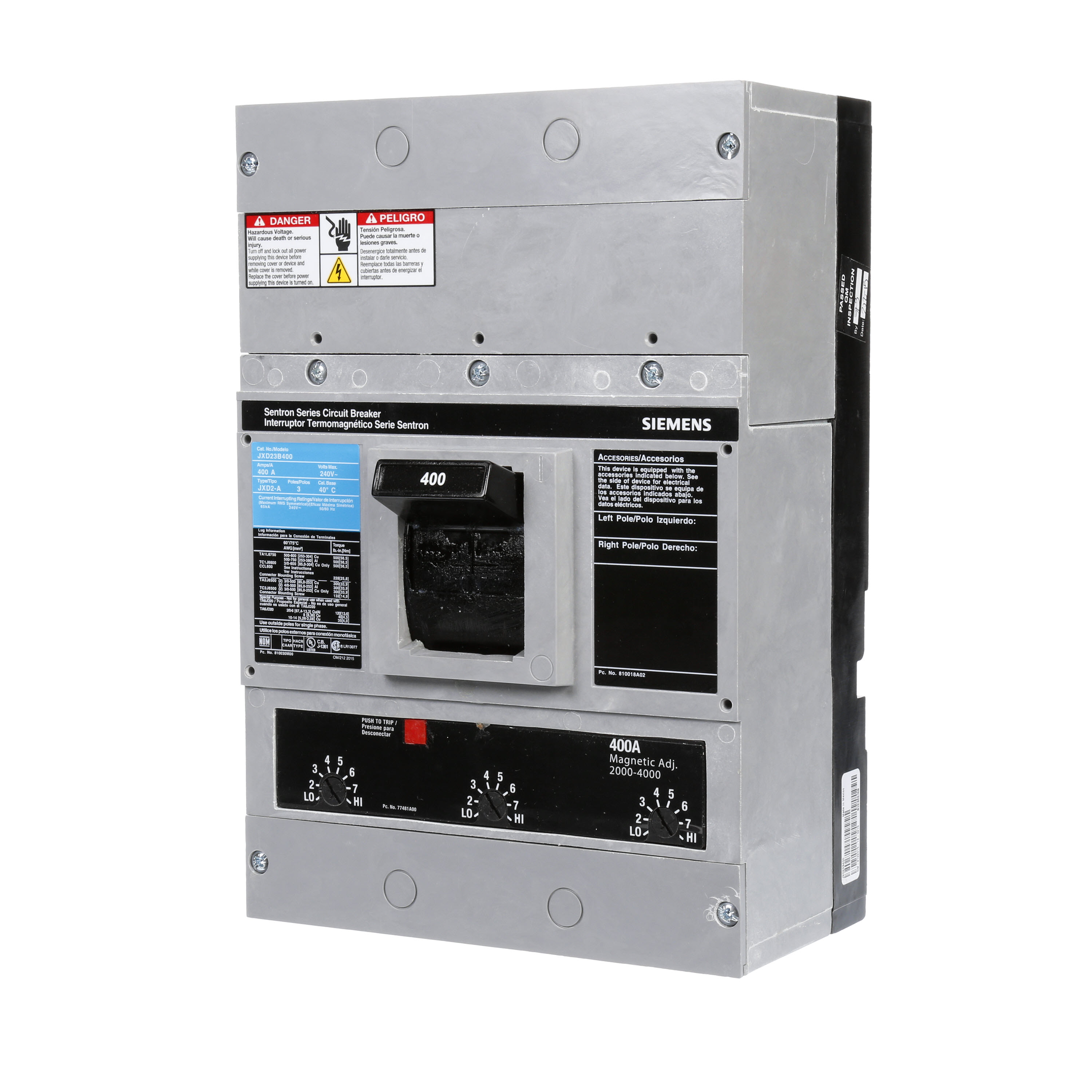 SIEMENS LOW VOLTAGE SENTRON MOLDED CASE CIRCUIT BREAKER WITH THERMAL - MAGNETICTRIP UNIT. ASSEMBLED STANDARD 40 DEG C BREAKER JD FRAME WITH STANDARD BREAKING CAPACITY. 400A 3-POLE (65KAIC AT 240V). NON-INTERCHANGEABLE TRIP UNIT. SPECIAL FEATURES NO LUGS INSTALLED. DIMENSIONS (W x H x D) IN 7.50 x 11.0 x 4.00.