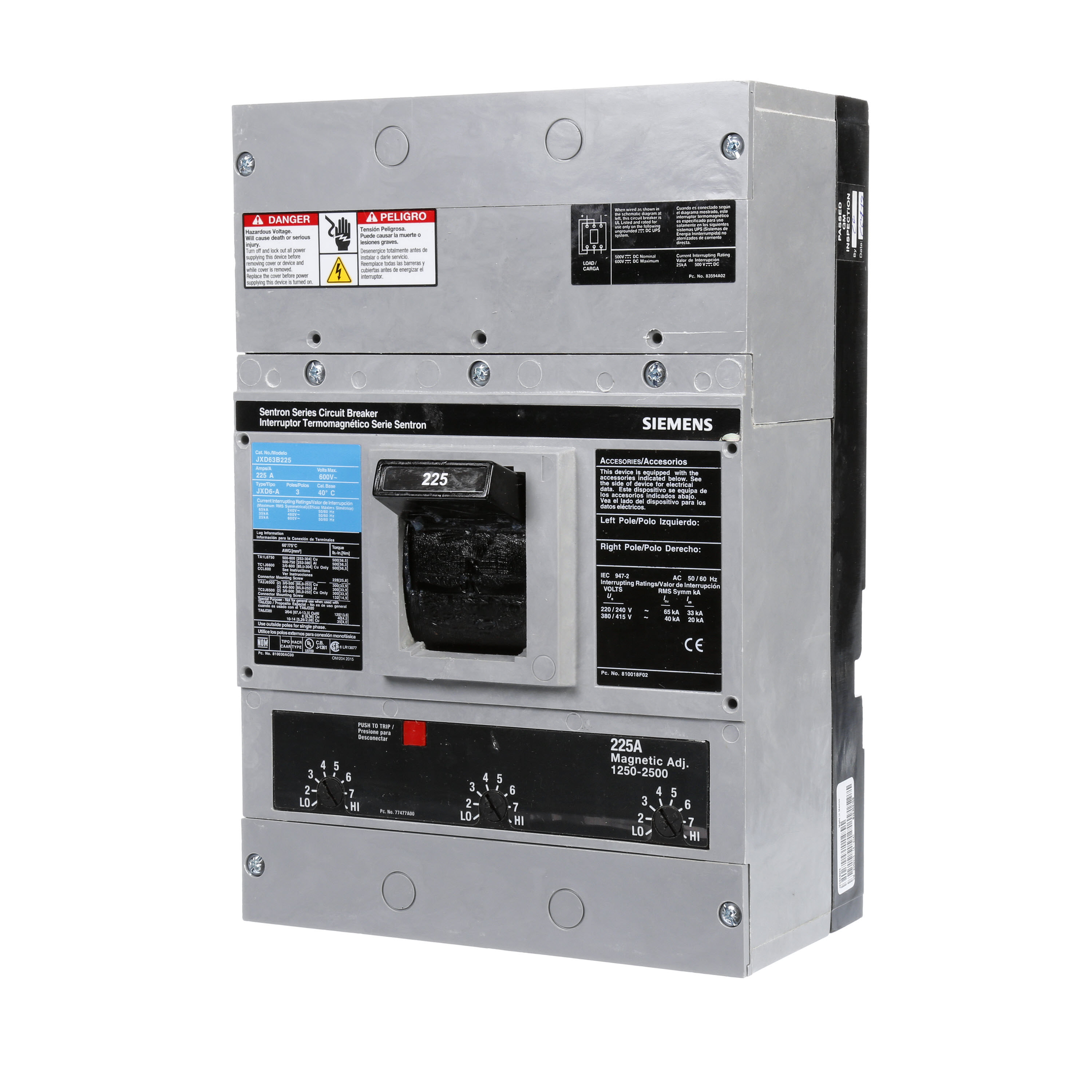 SIEMENS LOW VOLTAGE SENTRON MOLDED CASE CIRCUIT BREAKER WITH THERMAL - MAGNETICTRIP UNIT. ASSEMBLED STANDARD 40 DEG C BREAKER JD FRAME WITH STANDARD BREAKING CAPACITY. 225A 3-POLE (25KAIC AT 600V) (35KAIC AT 480V). NON-INTERCHANGEABLE TRIP UNIT. SPECIAL FEATURES NO LUGS INSTALLED. DIMENSIONS (W x H x D) IN 7.50 x 11.0 x 4.00.