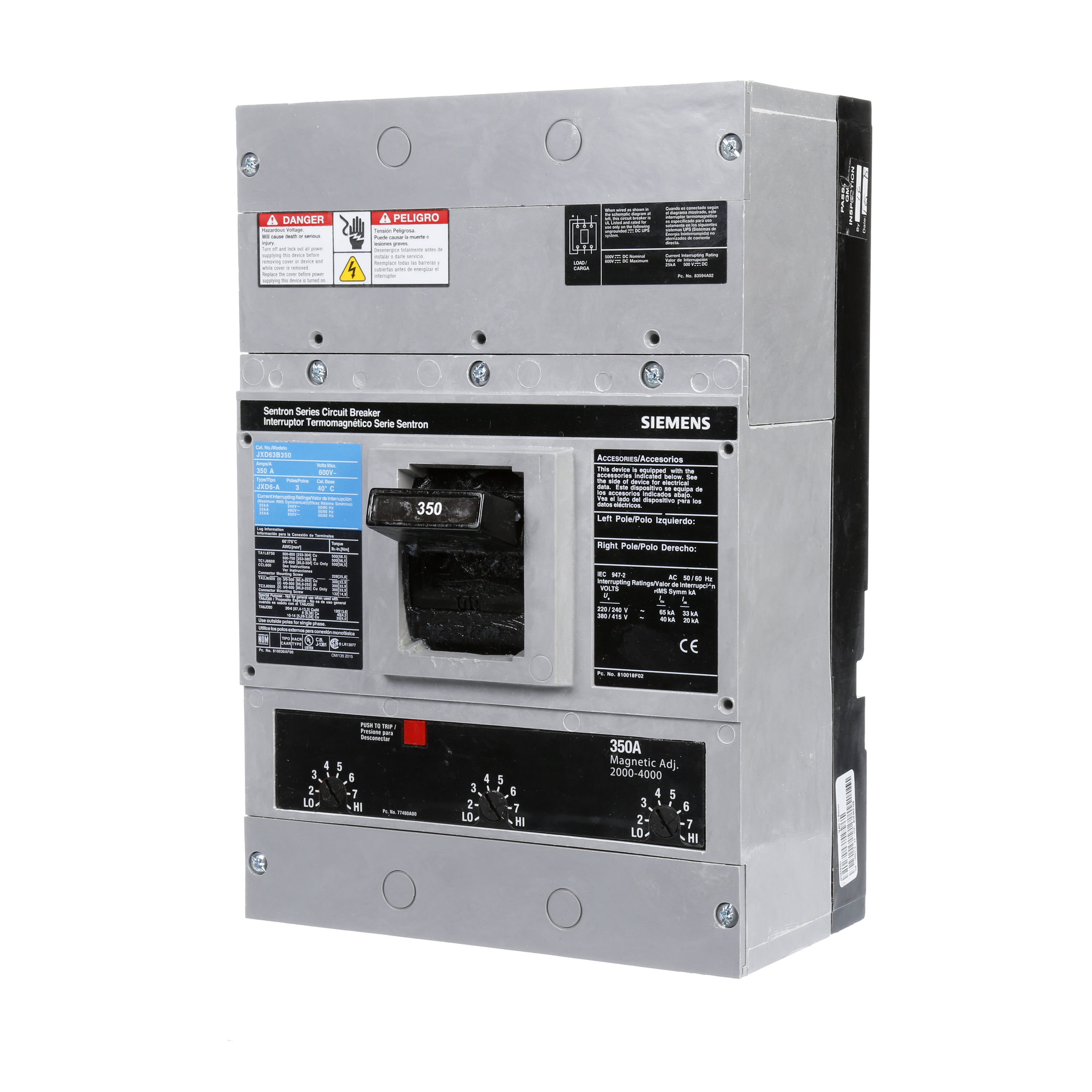 SIEMENS LOW VOLTAGE SENTRON MOLDED CASE CIRCUIT BREAKER WITH THERMAL - MAGNETICTRIP UNIT. ASSEMBLED STANDARD 40 DEG C BREAKER JD FRAME WITH STANDARD BREAKING CAPACITY. 350A 3-POLE (25KAIC AT 600V) (35KAIC AT 480V). NON-INTERCHANGEABLE TRIP UNIT. SPECIAL FEATURES NO LUGS INSTALLED. DIMENSIONS (W x H x D) IN 7.50 x 11.0 x 4.00.