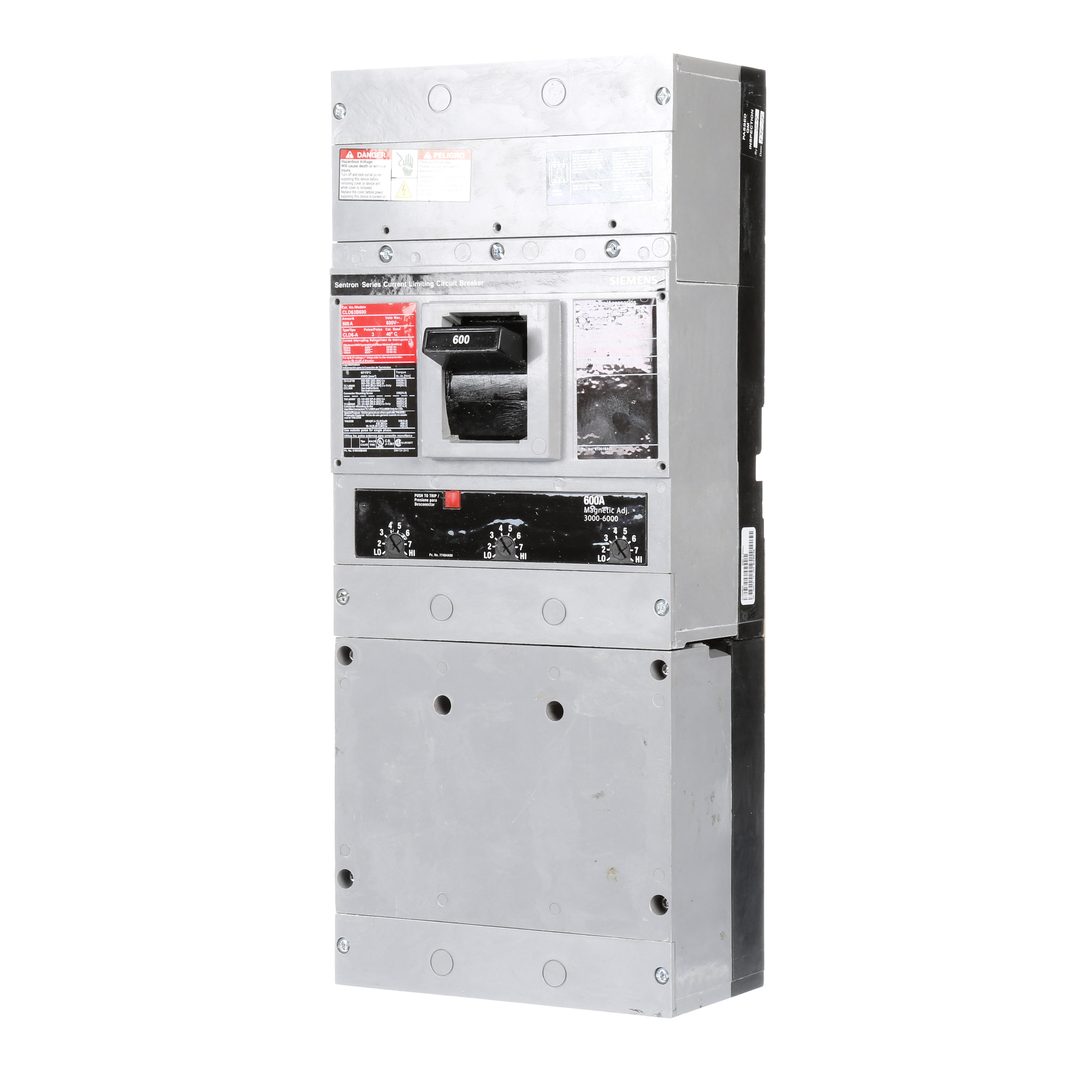 SIEMENS LOW VOLTAGE SENTRON MOLDED CASE CIRCUIT BREAKER WITH THERMAL - MAGNETICTRIP UNIT. ASSEMBLED STANDARD 40 DEG C BREAKER LD FRAME WITH FUSELESS CURRENT LIMITING BREAKING CAPACITY. 600A 3-POLE (100KAIC AT 600V) (150KAIC AT 480V). NON-INTERCHANGEABLE TRIP UNIT. SPECIAL FEATURES NO LUGS INSTALLED. DIMENSIONS (W x Hx D) IN 7.50 x 17.9 x 4.00.